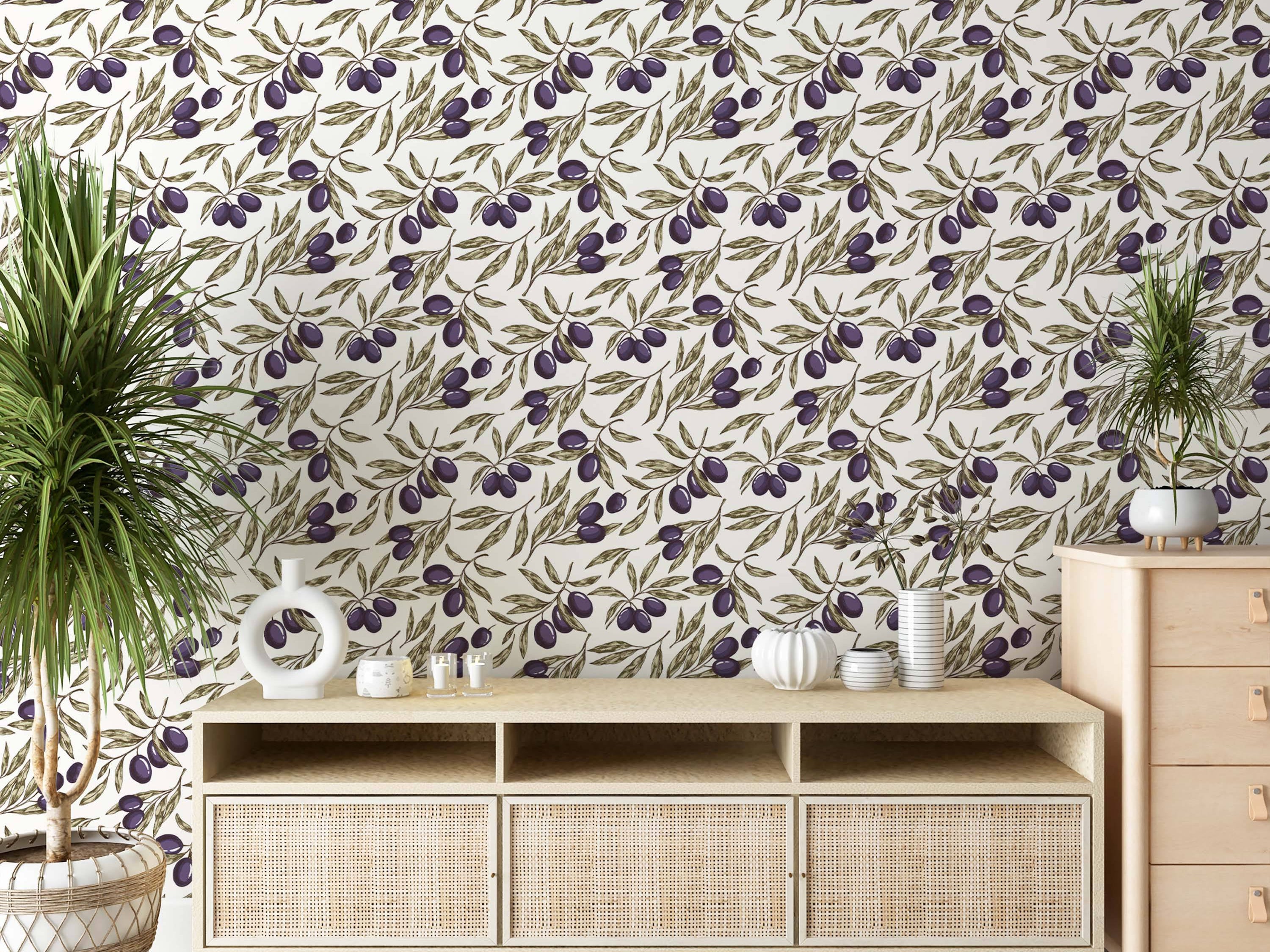 Olive branch wallpaper with dark purple fruit and green leaves on a light, neutral background.