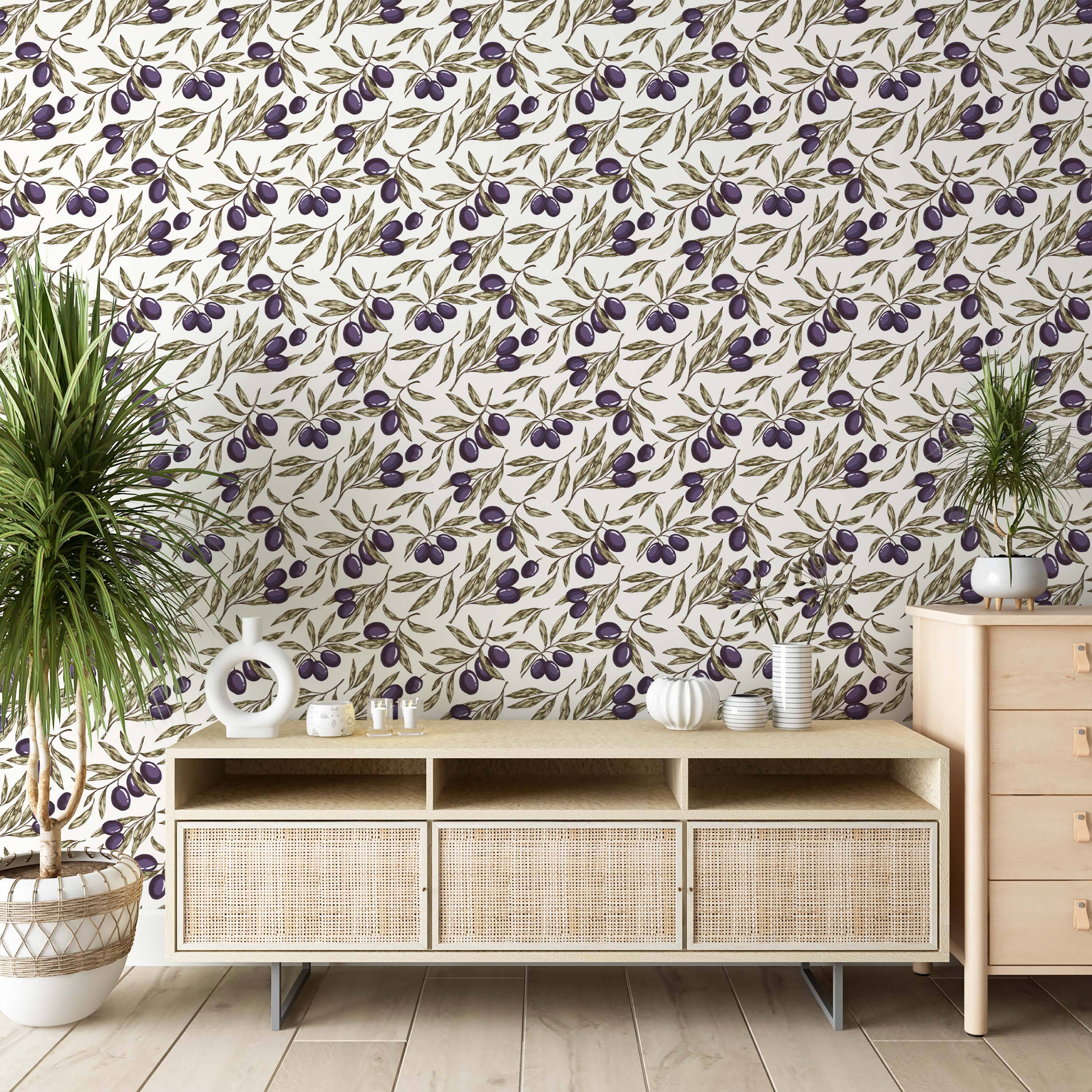 Olive branch wallpaper with dark purple fruit and green leaves on a light, neutral background.