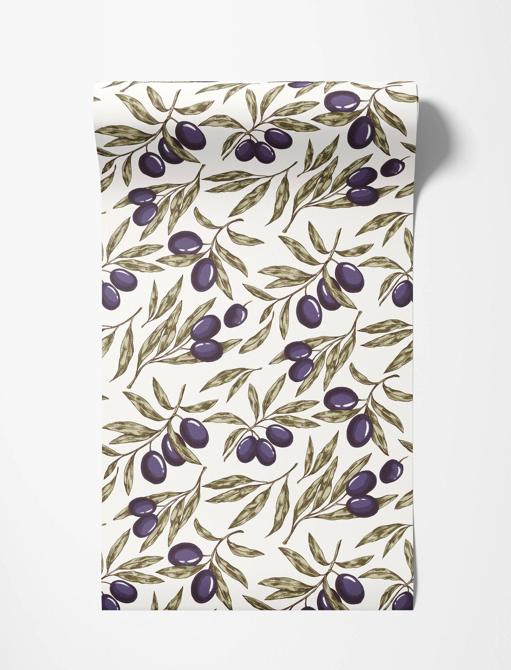 Wallpaper with a repeating pattern of olive branches, featuring dark purple olives and dusty green leaves on a light cream background.