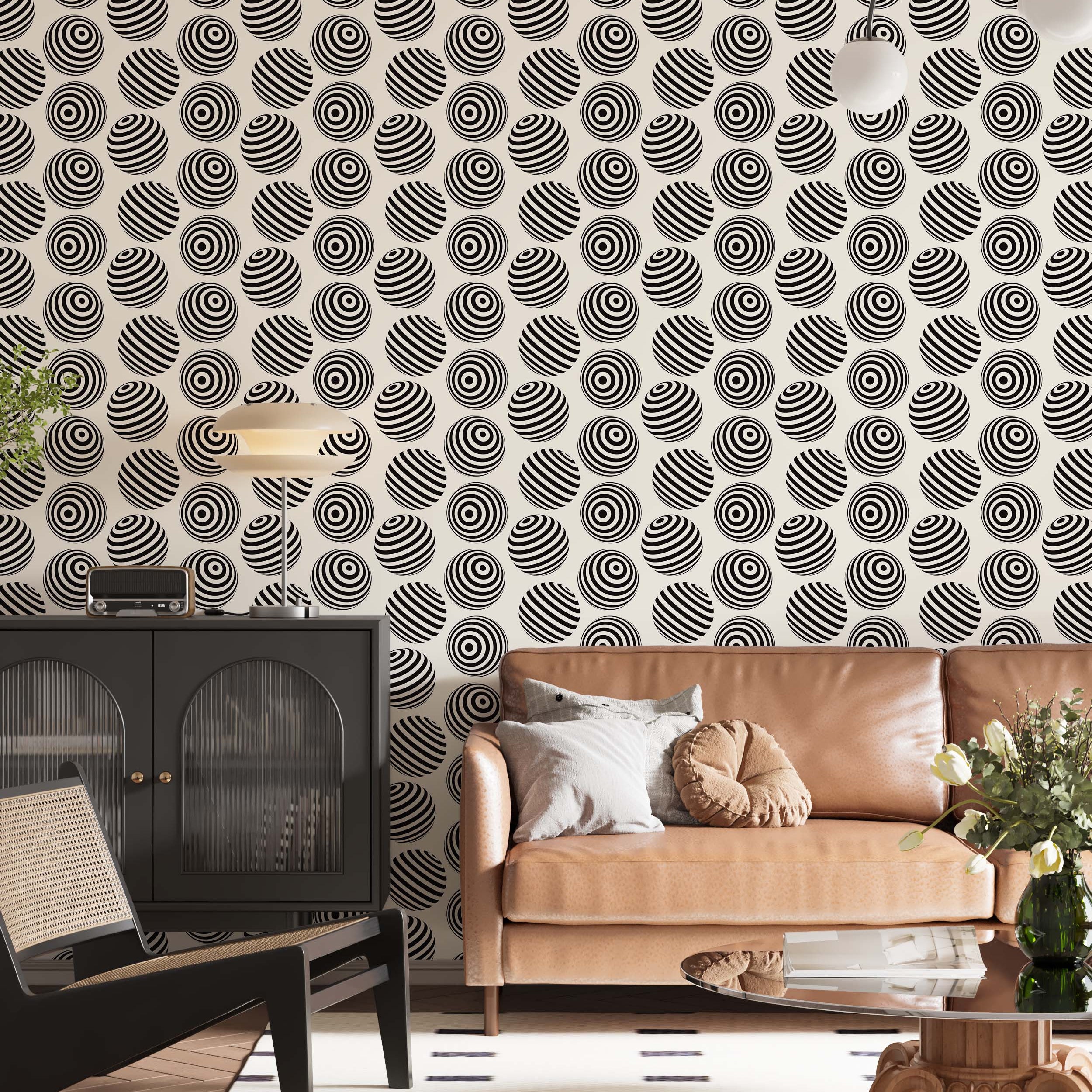 Optical illusion wallpaper displaying black striped spheres with varied line patterns against a light beige background.