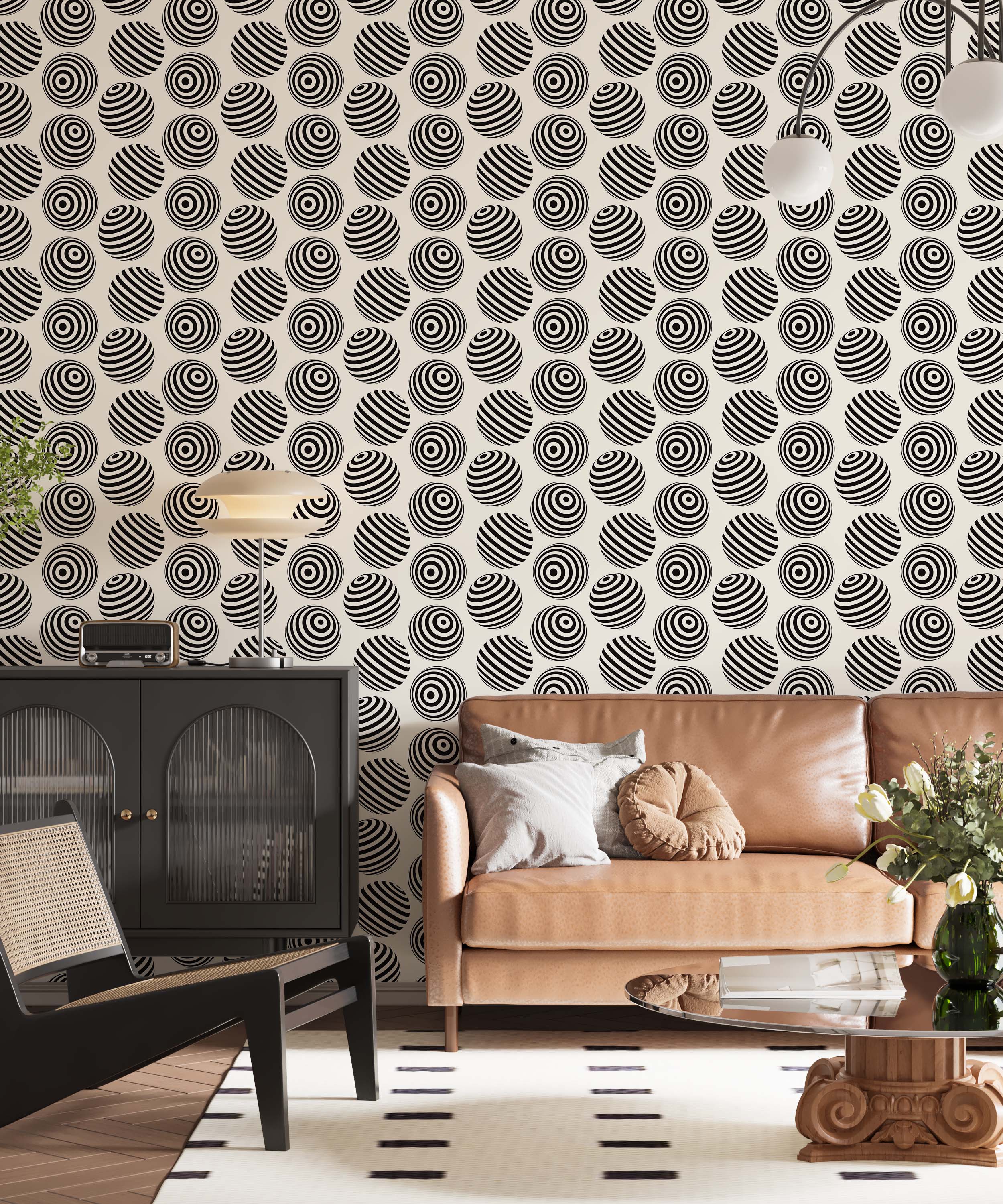Optical illusion wallpaper displaying black striped spheres with varied line patterns against a light beige background.
