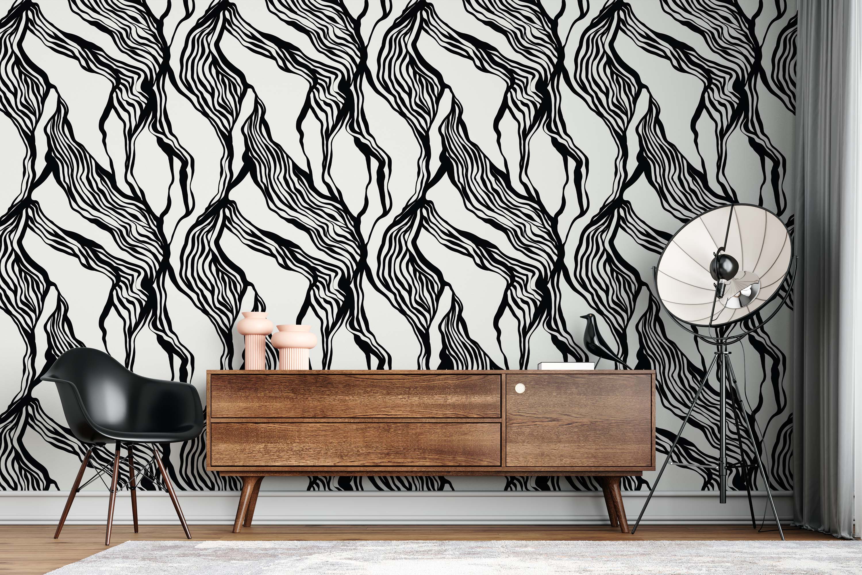Abstract wallpaper featuring flowing, organic black lines creating a high-contrast pattern on a white background.