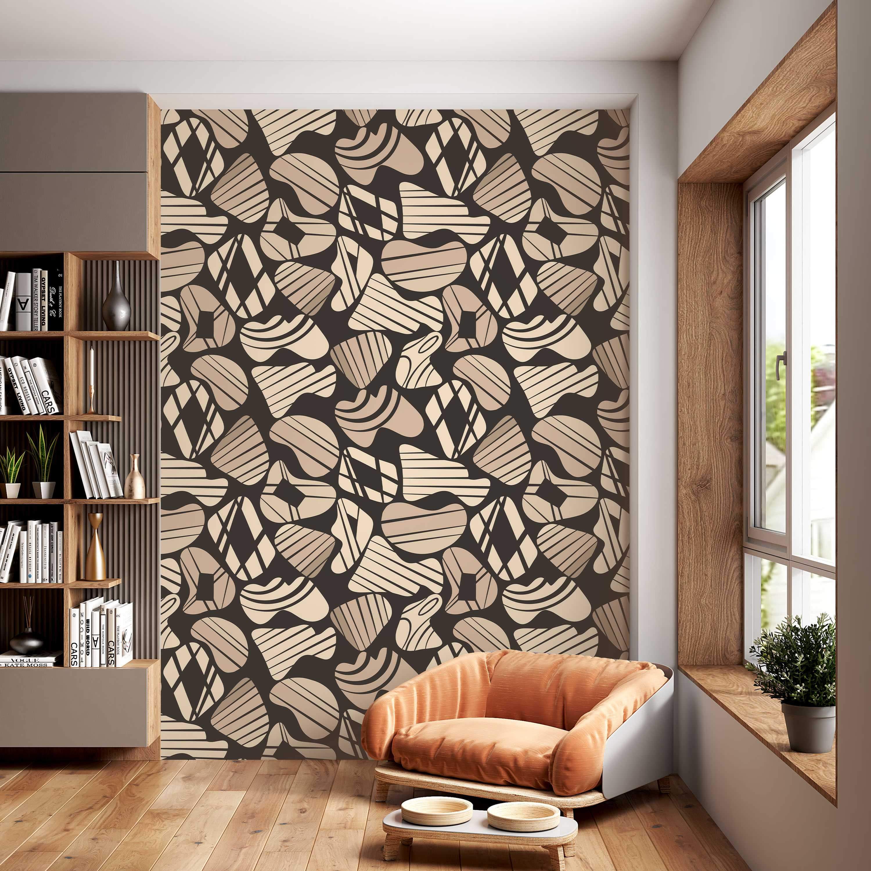 Wallpaper featuring abstract, rounded organic shapes in beige and brown tones, filled with linear patterns on a dark brown background.