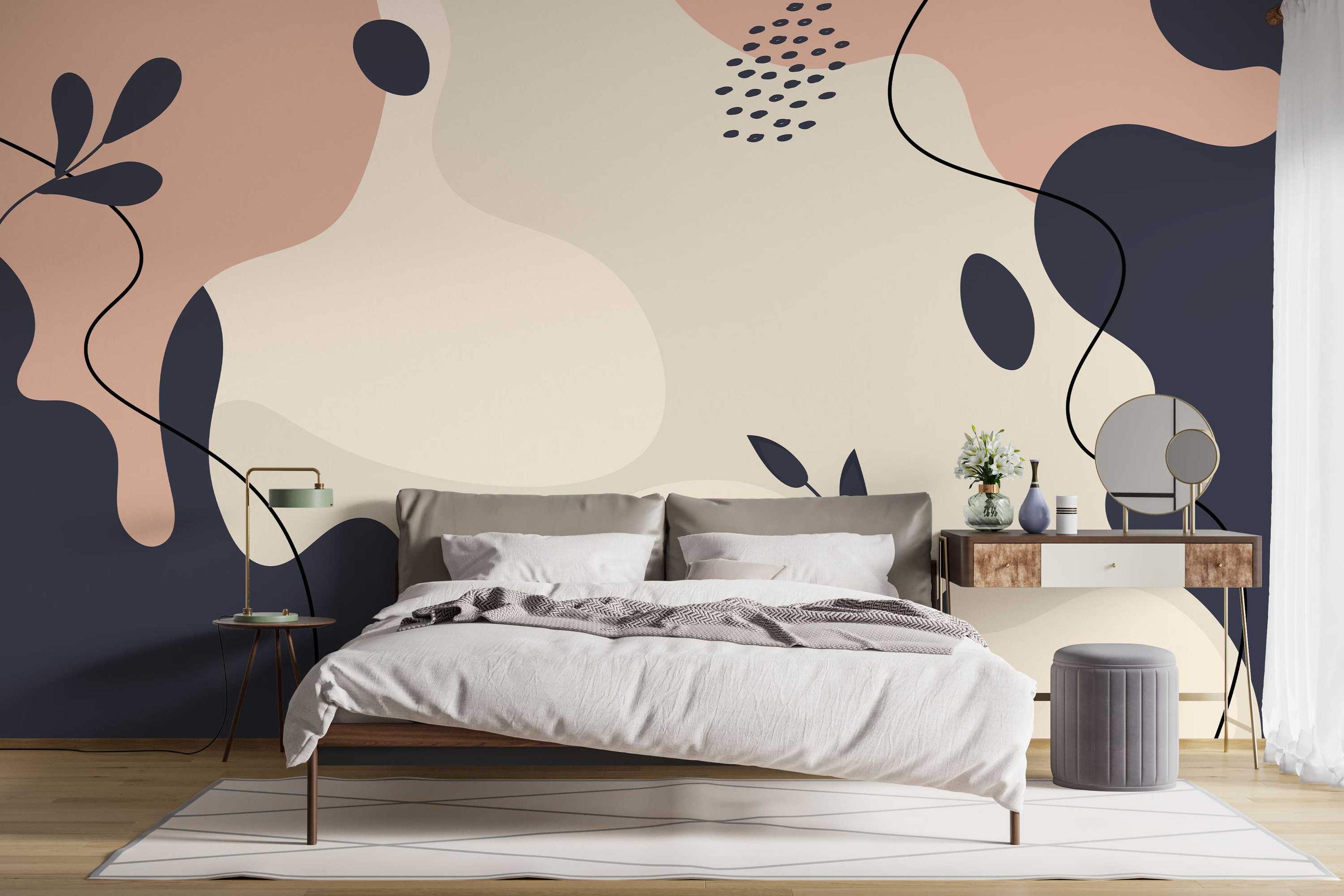 Abstract mural with large navy, pink, and beige organic shapes, accented with black lines and scattered dots.