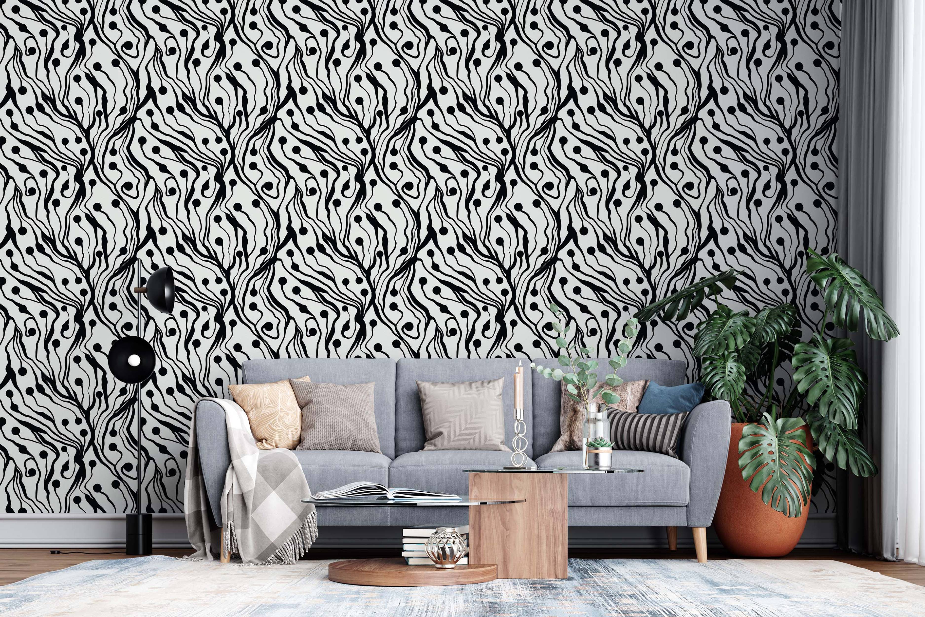 Wallpaper featuring abstract black branching lines ending in solid dots against a pale gray background.