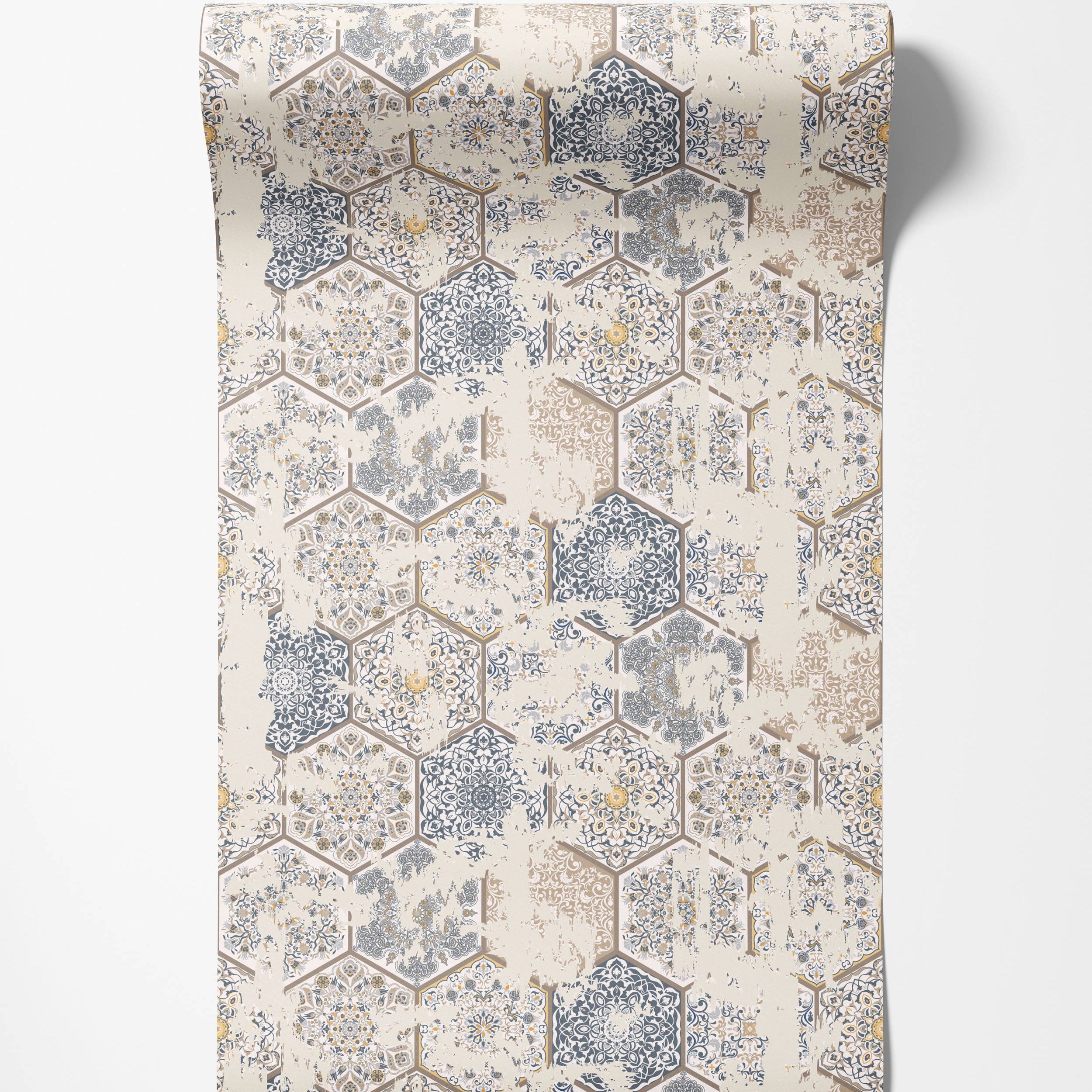 Vintage-style wallpaper displaying distressed hexagonal tiles. Ornate patterns in blue, beige, gray, and gold adorn each tile.