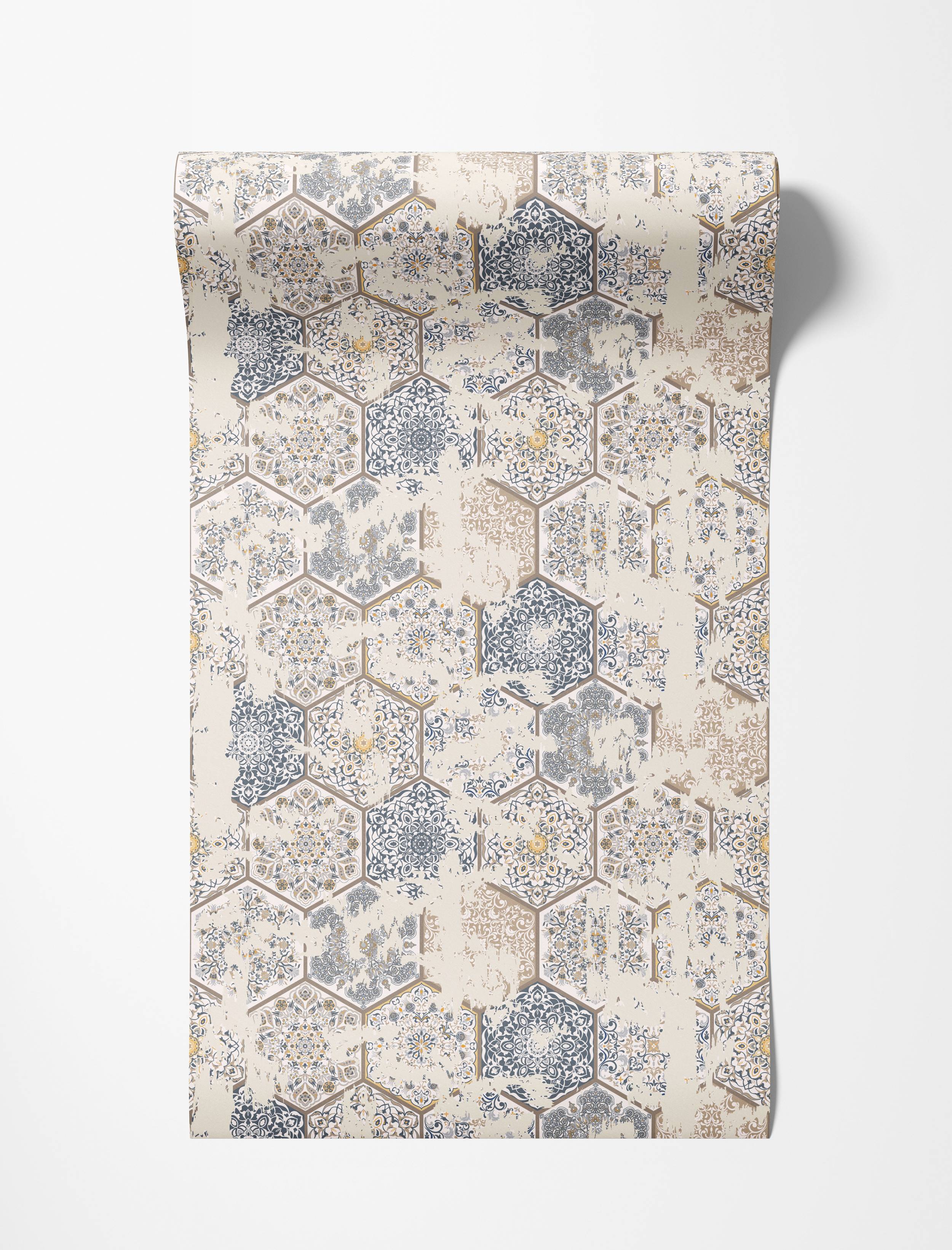 Vintage-style wallpaper displaying distressed hexagonal tiles. Ornate patterns in blue, beige, gray, and gold adorn each tile.