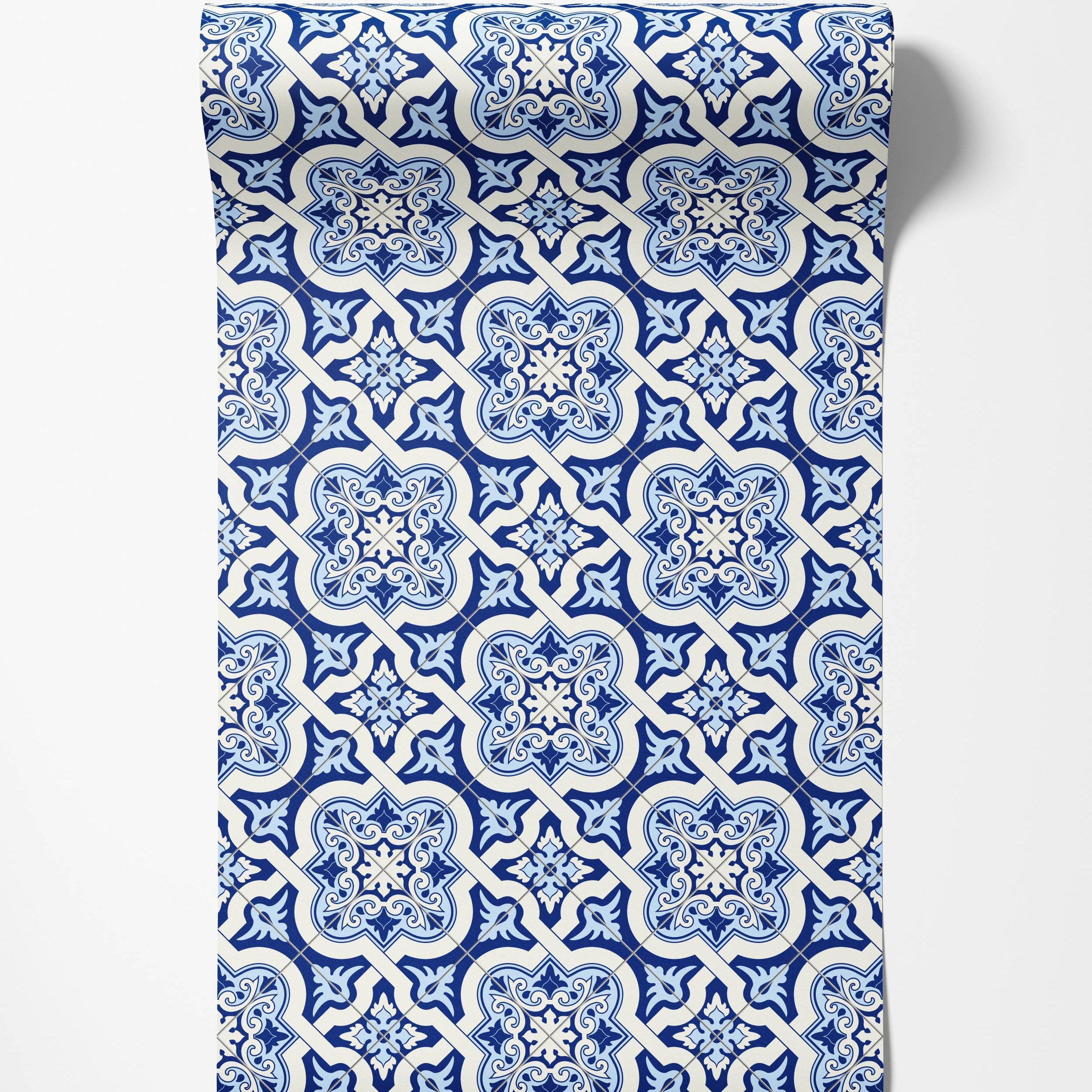 Wallpaper with an ornate, repeating tile pattern in shades of blue and white, featuring intricate floral and geometric medallions.