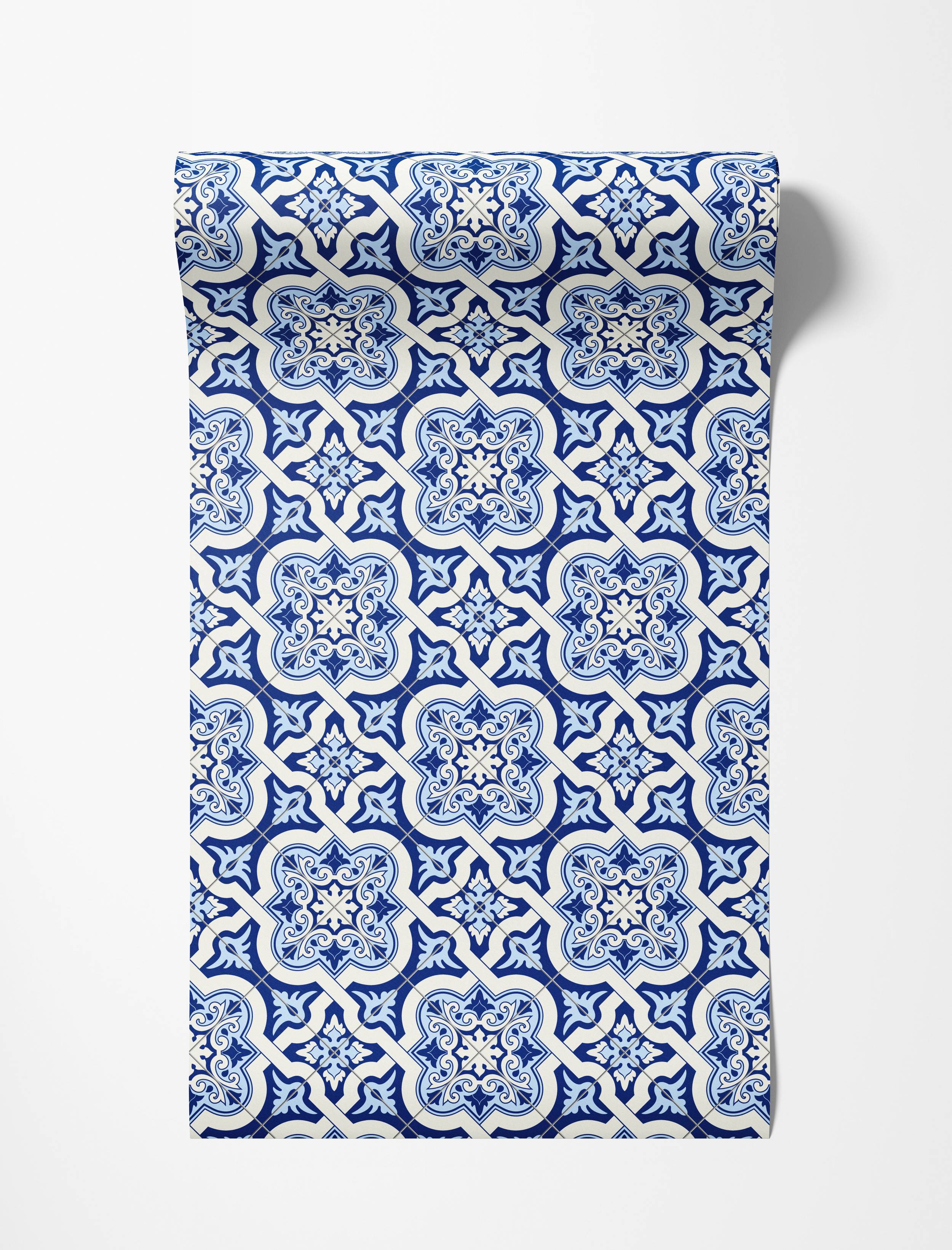 Wallpaper with an ornate, repeating tile pattern in shades of blue and white, featuring intricate floral and geometric medallions.