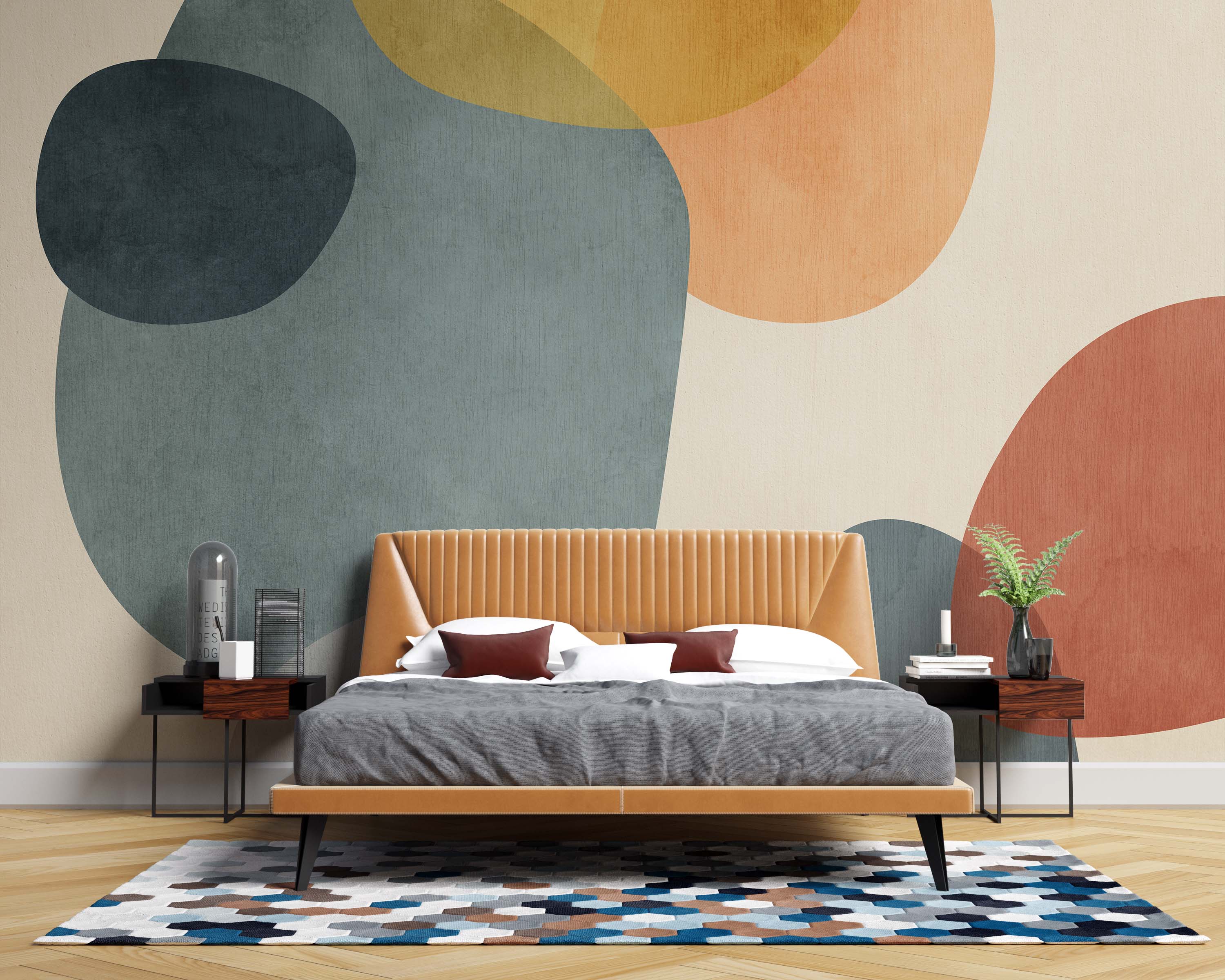 Mural with an abstract design of large, overlapping oval and organic shapes in terracotta, blue-gray, mustard yellow, and cream.