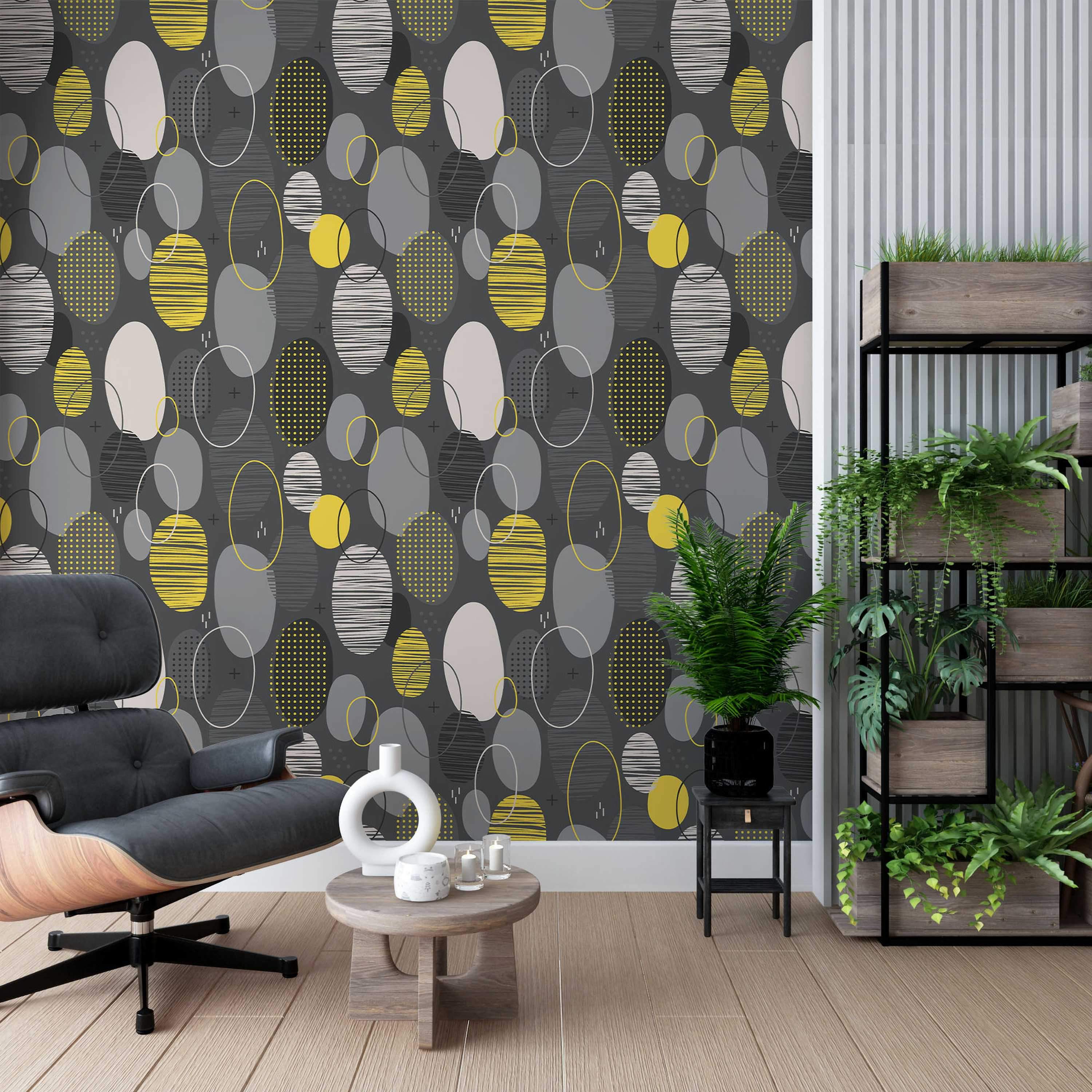 Repeating wallpaper pattern of textured and solid ovals in yellow, white, and gray against a dark gray backdrop.