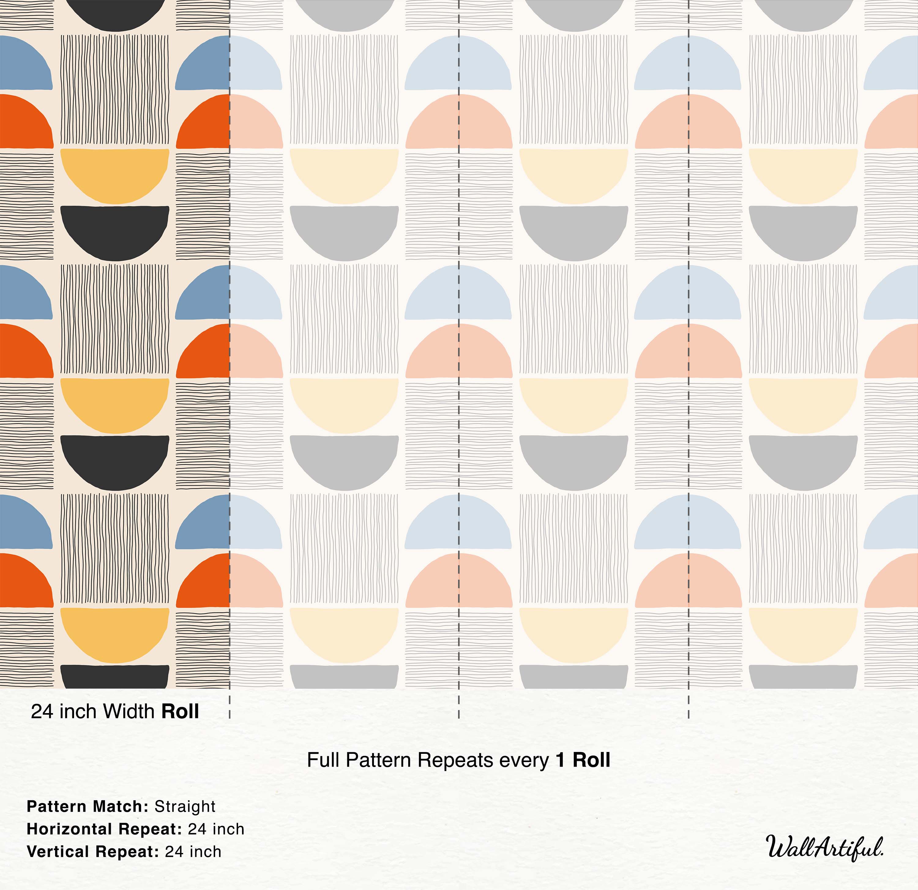 Abstract geometric wallpaper featuring blue, orange, yellow, gray, and black semi-circles alongside blocks of vertical/horizontal lines.