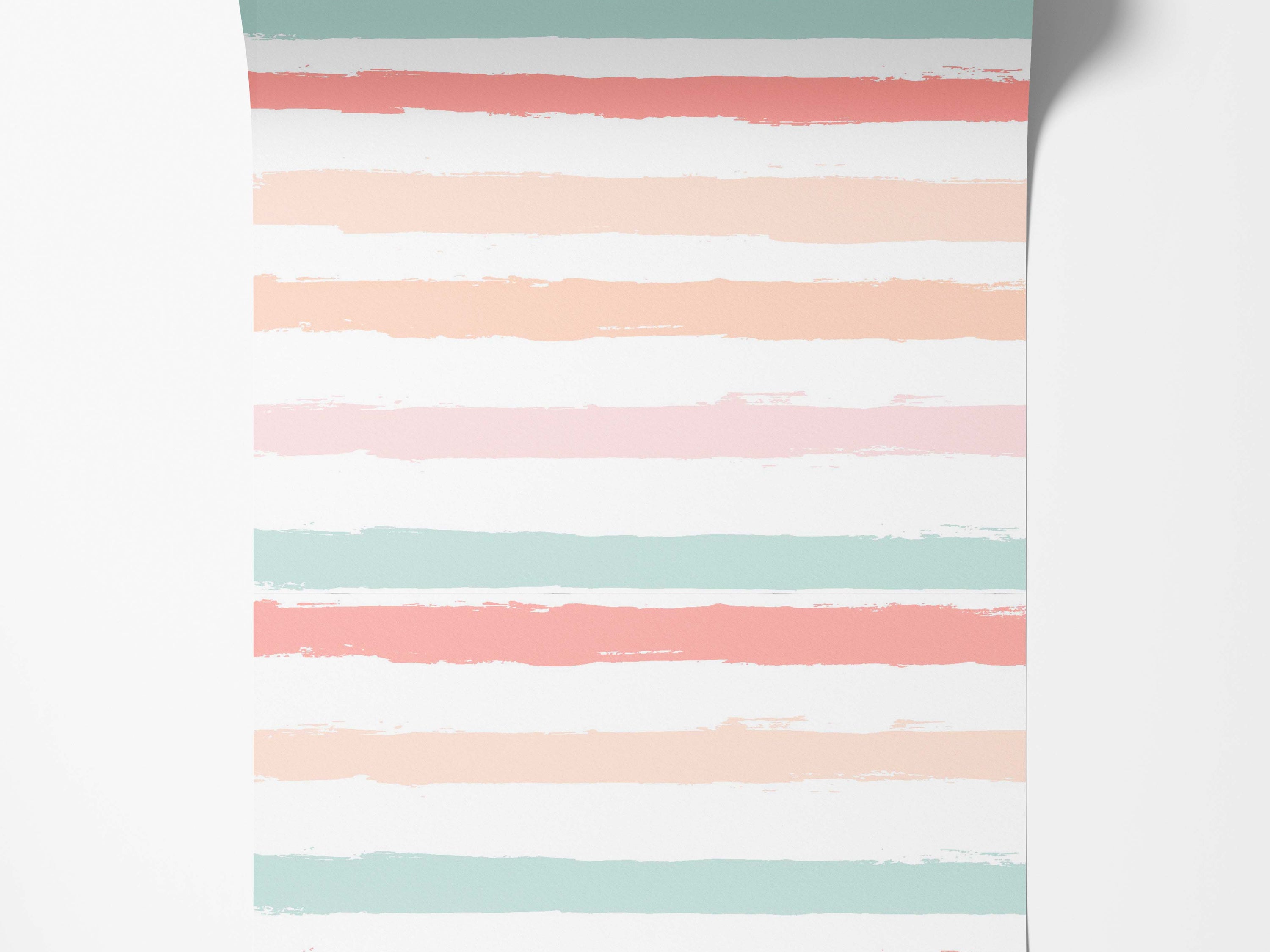 Wallpaper featuring rough, horizontal brushstroke stripes in pastel peach, mint green, and pale pink.