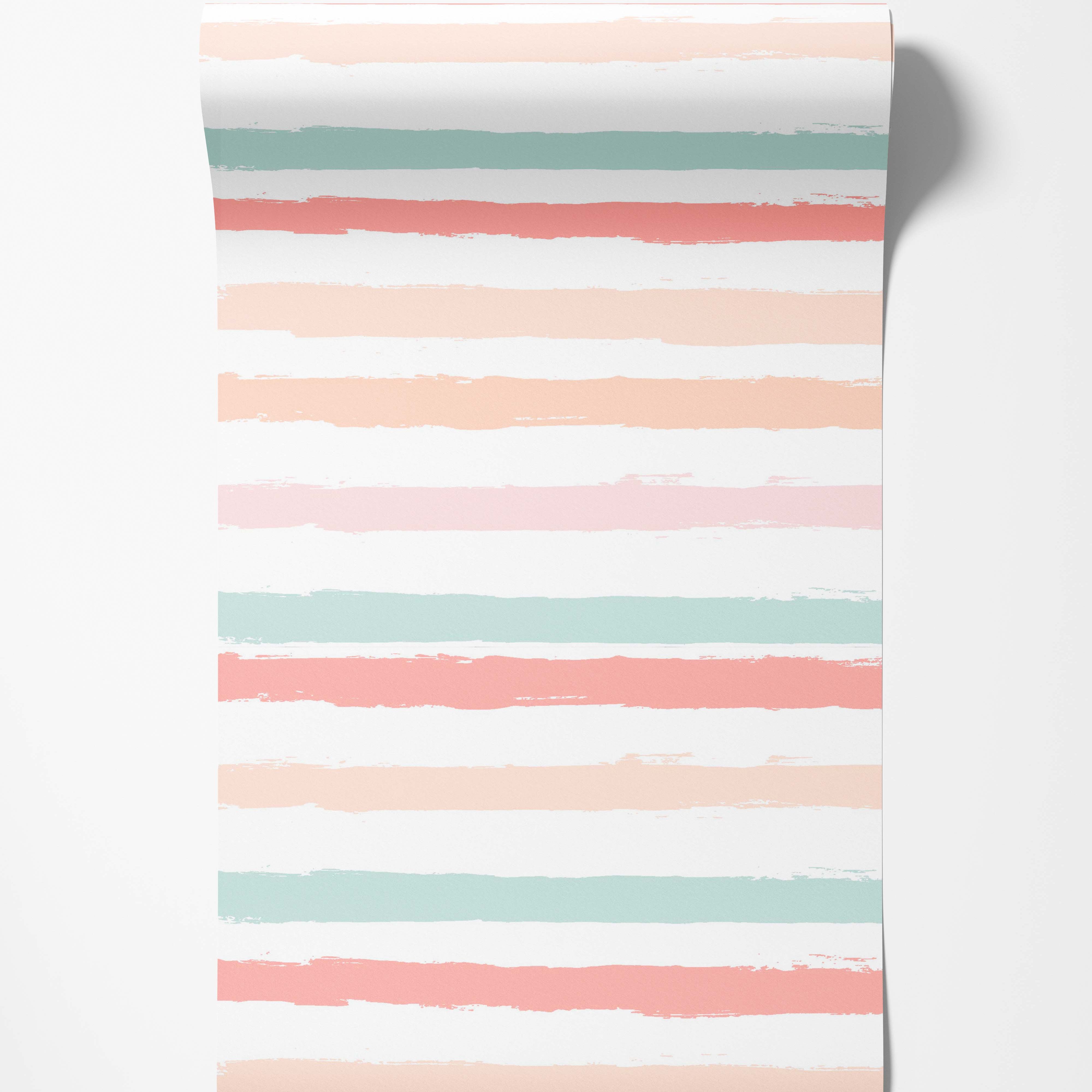 Wallpaper featuring rough, horizontal brushstroke stripes in pastel peach, mint green, and pale pink.