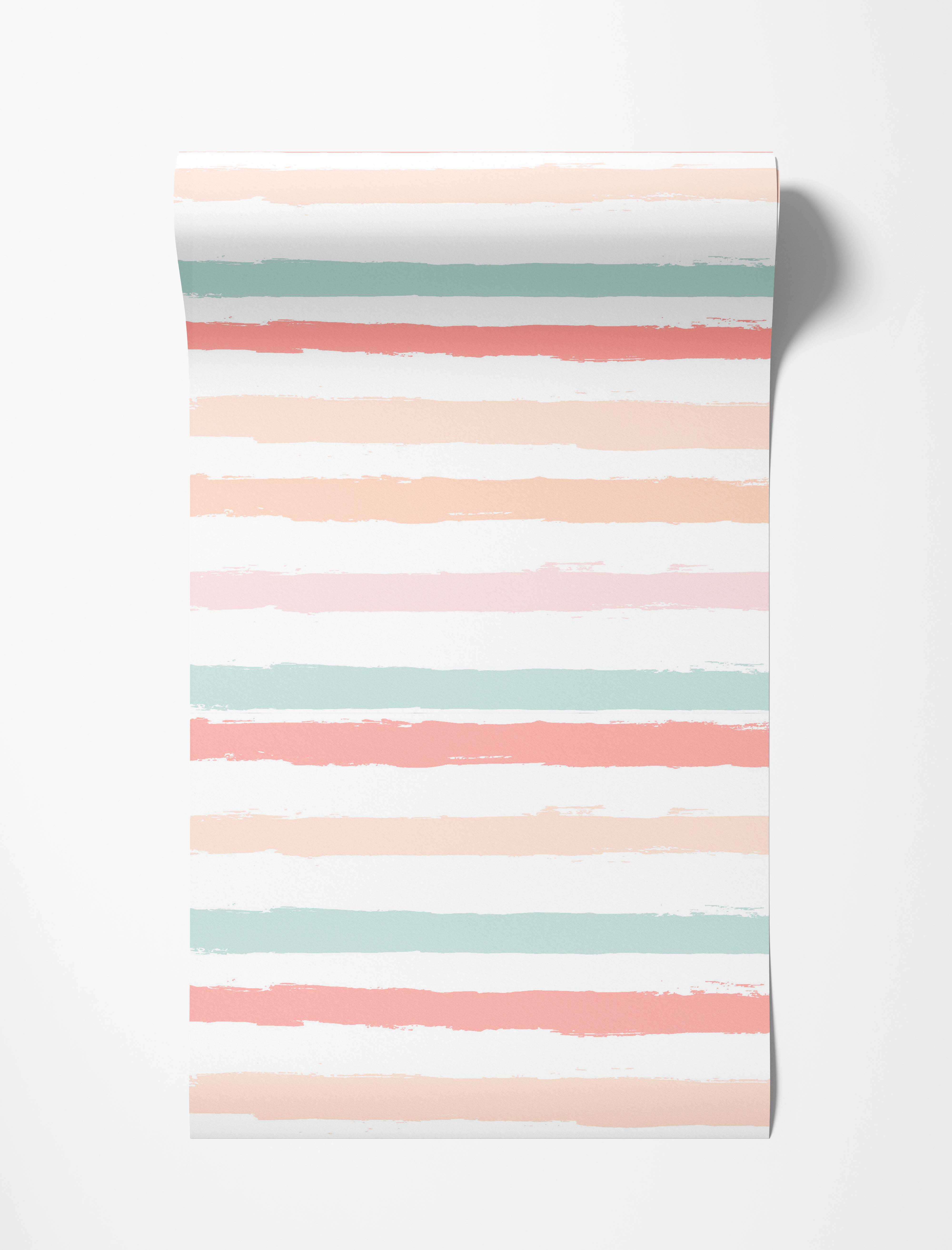 Wallpaper featuring rough, horizontal brushstroke stripes in pastel peach, mint green, and pale pink.