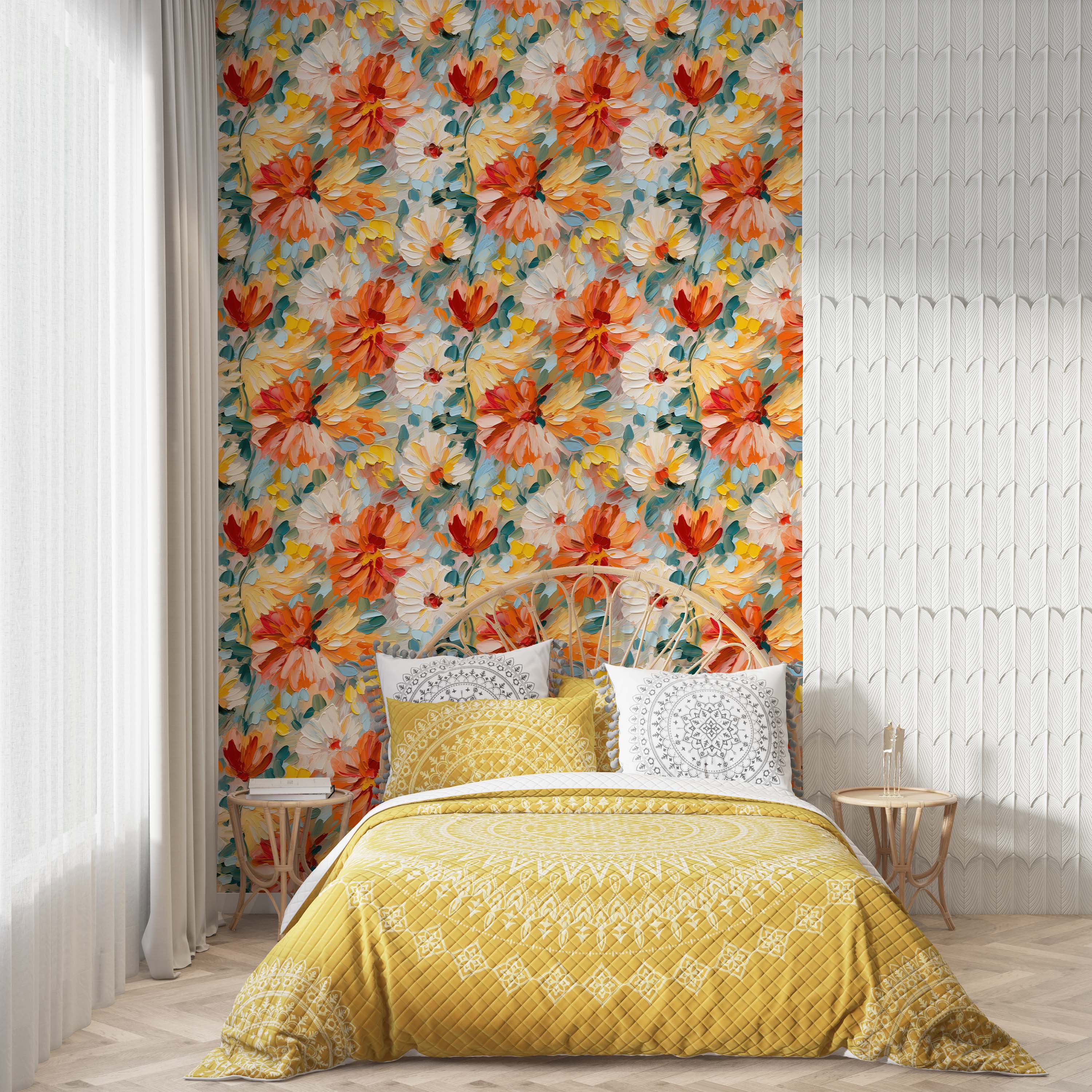 A vibrant floral wallpaper in a painterly, impasto style, featuring orange, yellow, and white flowers on a light blue background.