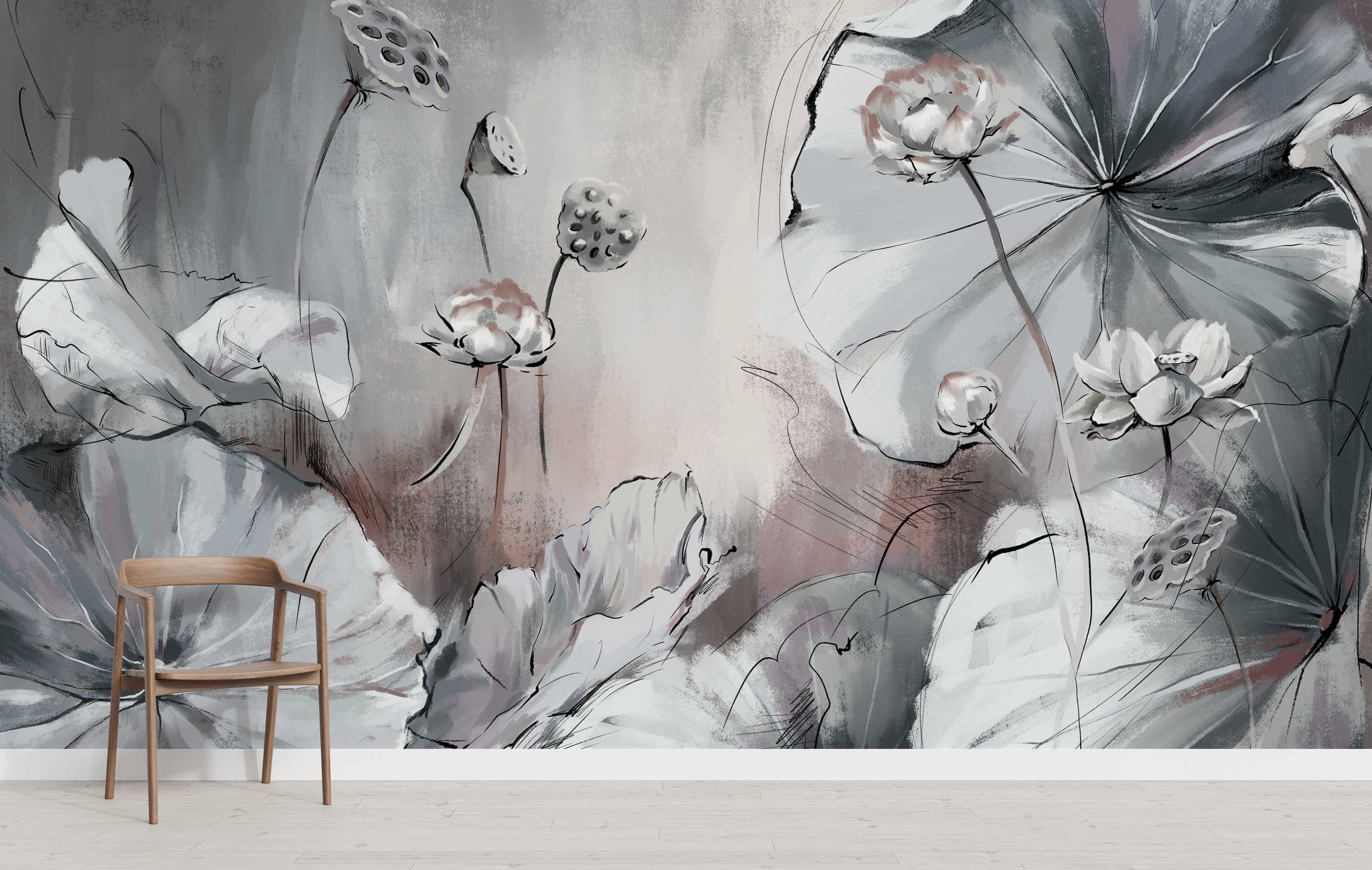 Painterly mural depicting large gray lotus leaves, white and blush lotus flowers, and seed pods on a textured gray/beige backdrop.