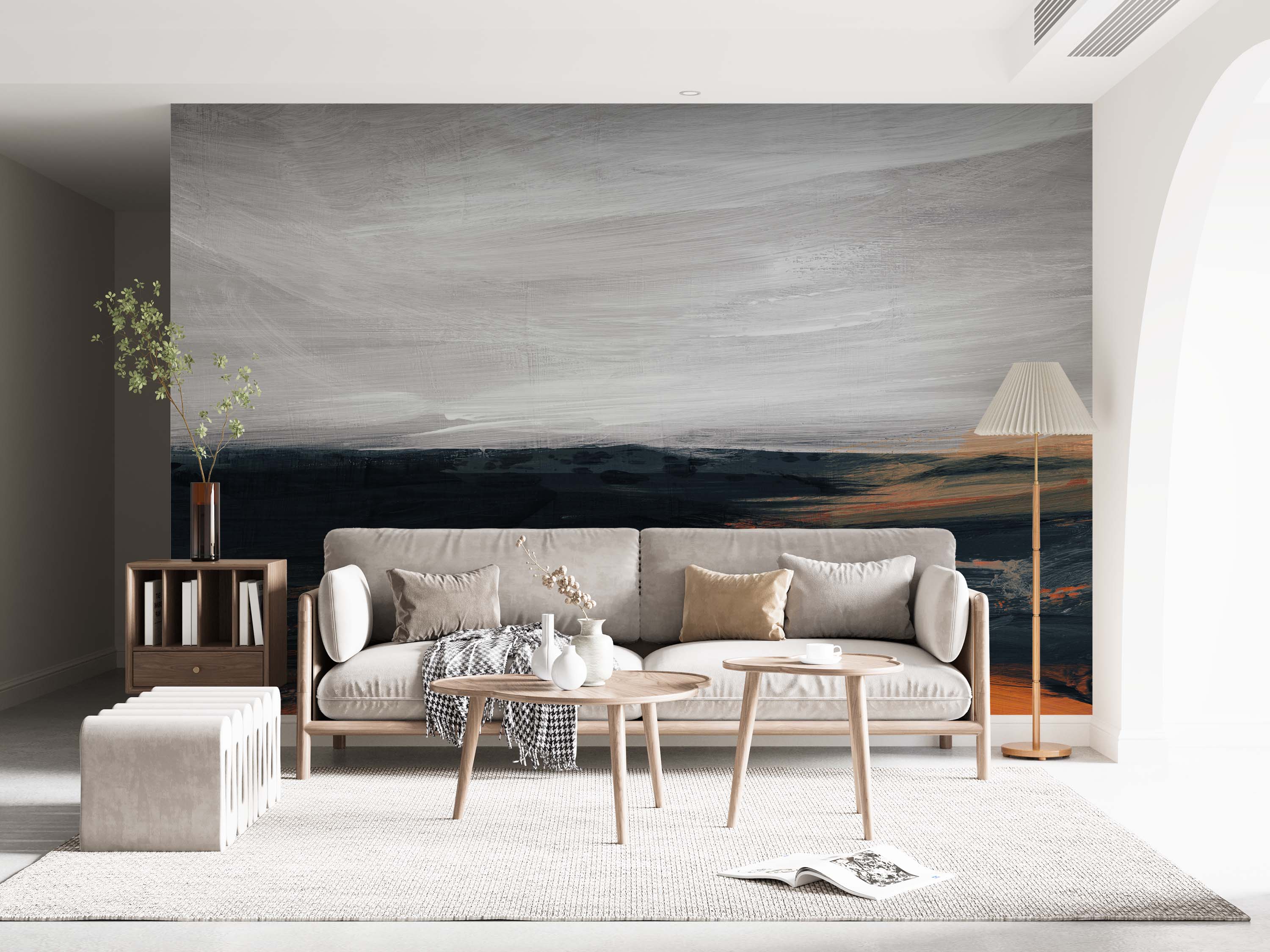Painterly mural depicting an abstract seascape in gray, white, dark blue, and orange tones with visible brushwork.