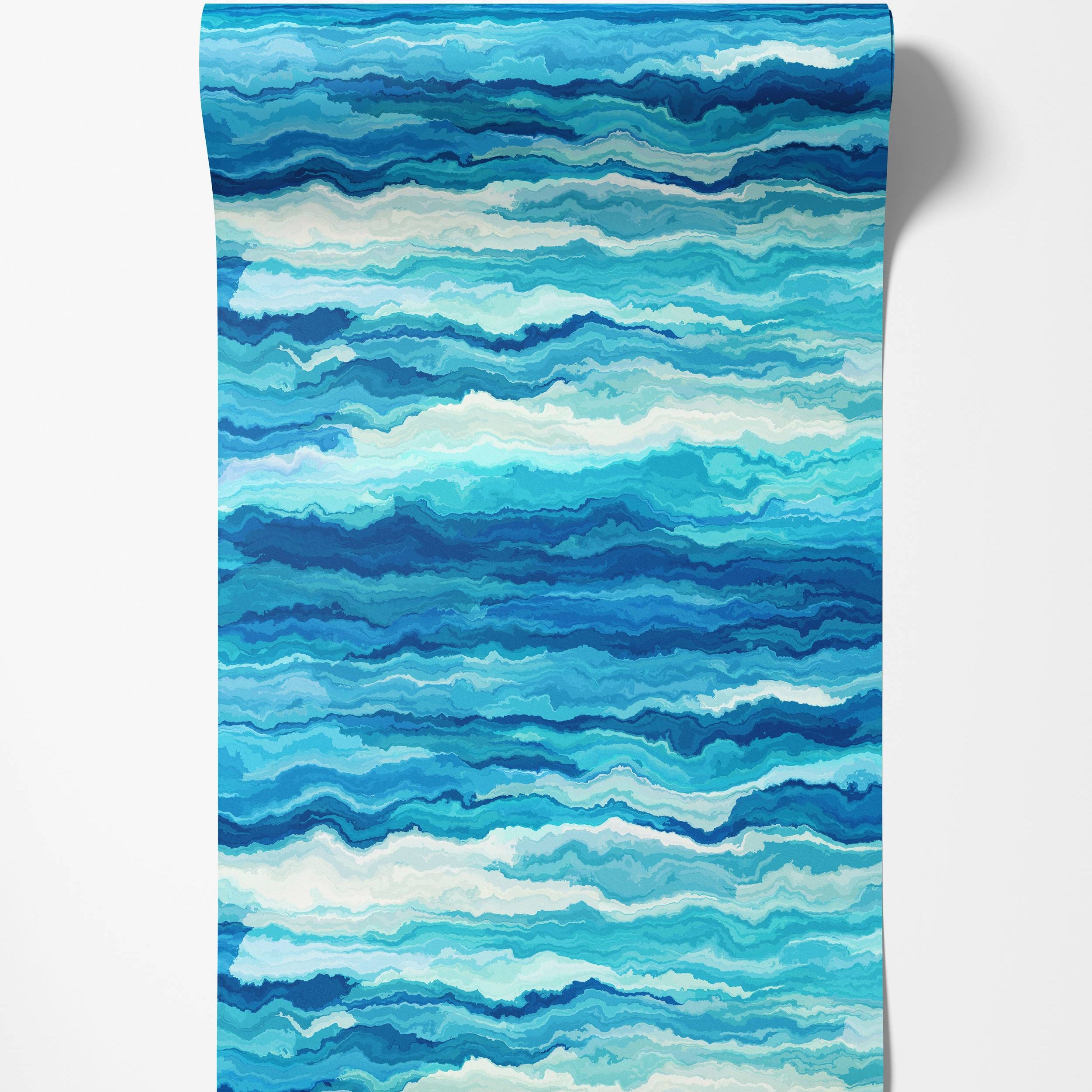 Painterly wallpaper design featuring abstract horizontal waves in varying shades of blue, aqua, and white, with a textured, flowing look.