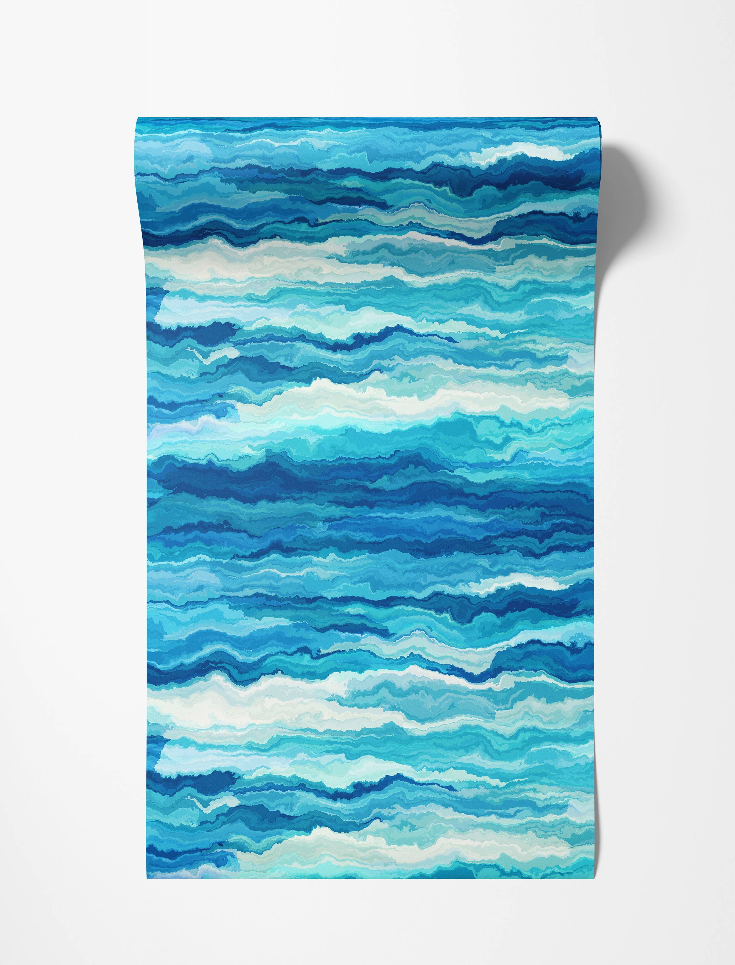 Painterly wallpaper design featuring abstract horizontal waves in varying shades of blue, aqua, and white, with a textured, flowing look.