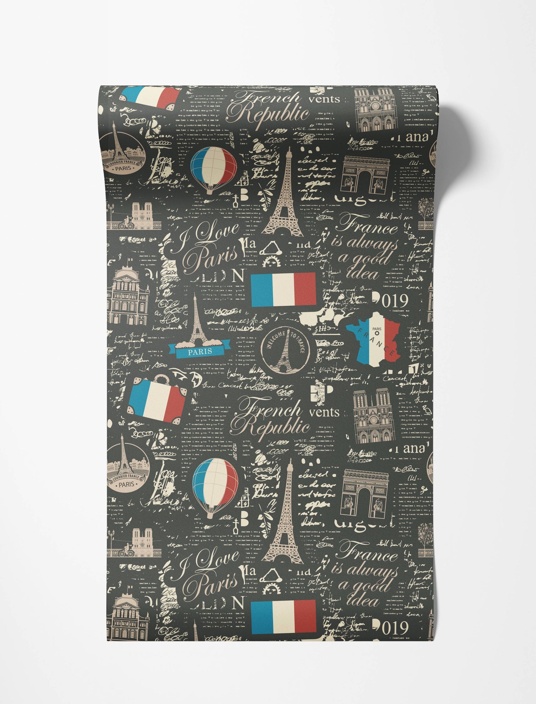 Dark gray wallpaper with a Paris-themed collage including the Eiffel Tower, script, and French flag motifs.