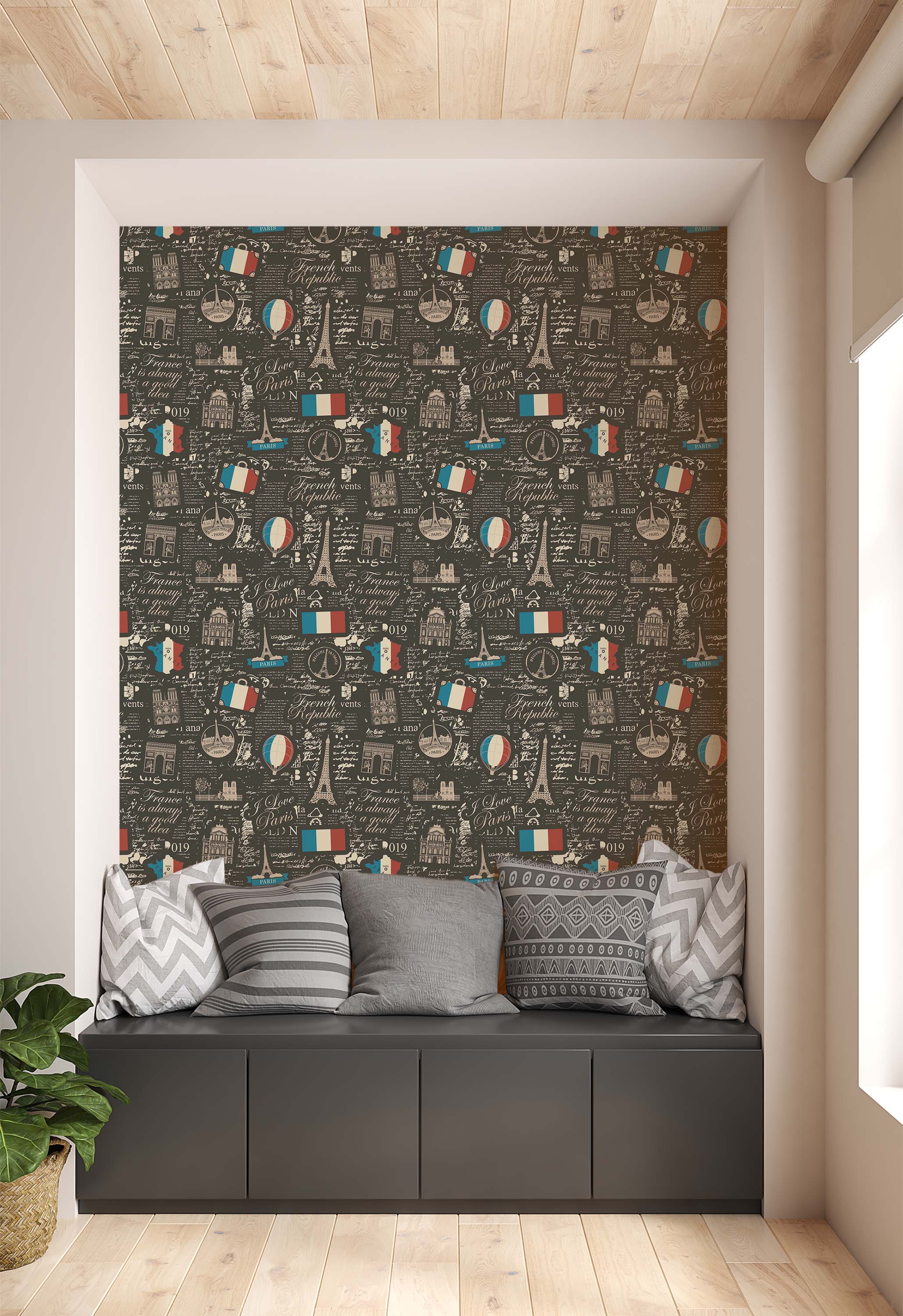 Dark charcoal wallpaper with a Parisian scrapbook design featuring Eiffel Tower, French flags, hot air balloons, and script in cream, red, white, and blue.