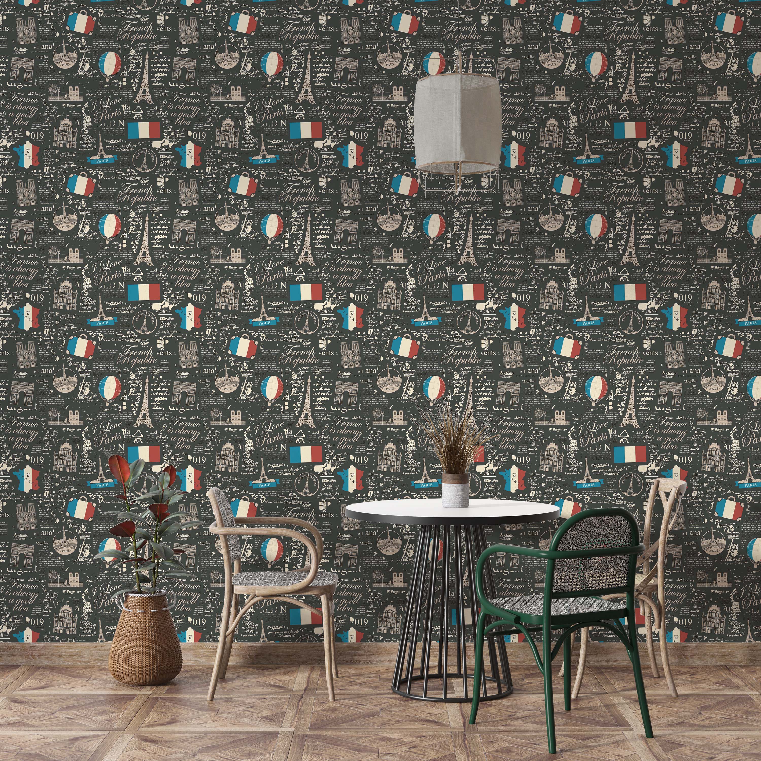 Dark gray wallpaper with a repeating Parisian travel collage featuring Eiffel Towers, flags, and script in cream, red, and blue.