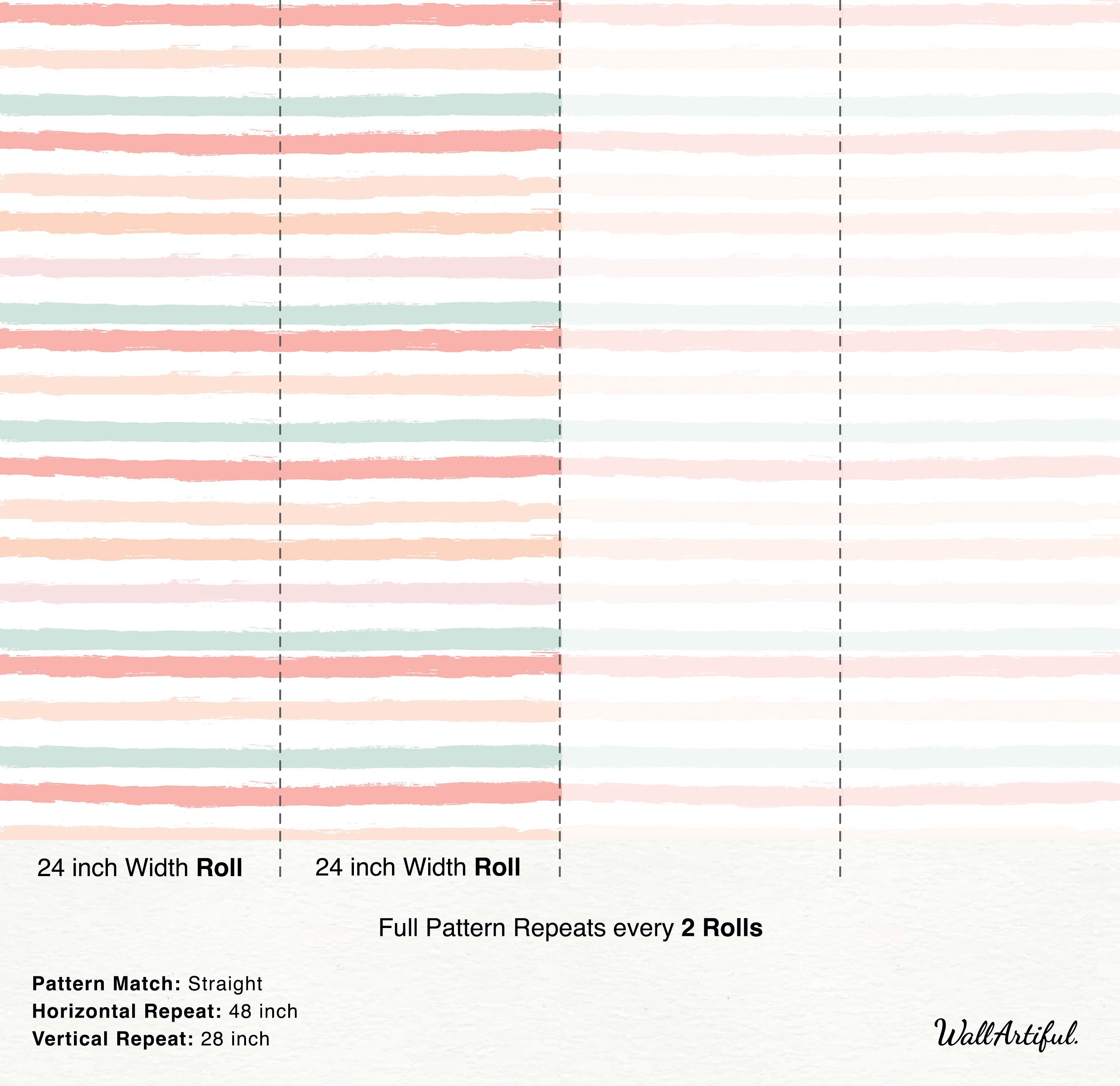 Wallpaper featuring horizontal brush stroke stripes in pastel pink, peach, and mint green on a white background.