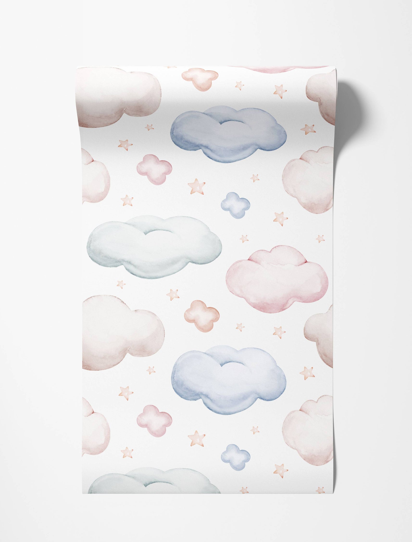Watercolor wallpaper featuring a pattern of soft pastel blue, pink, and beige clouds and tiny stars on a white background.