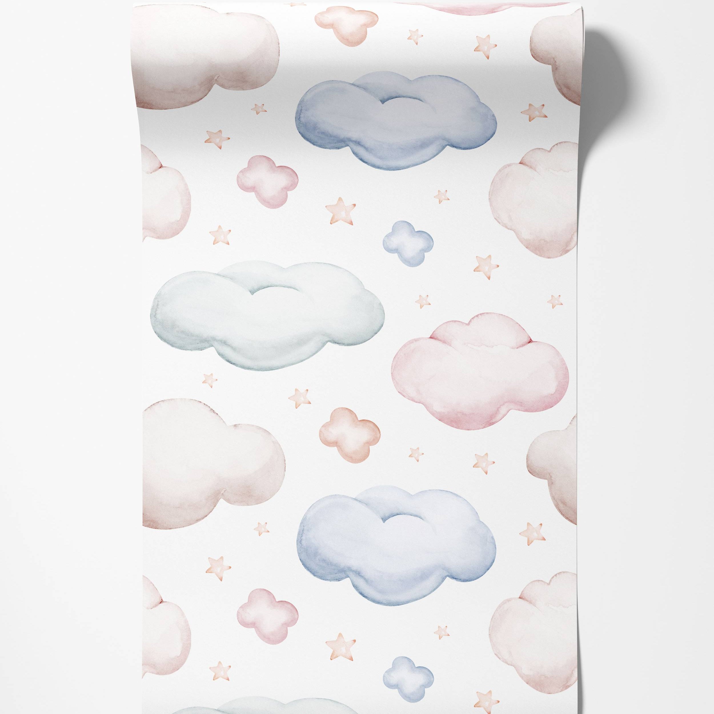 Watercolor wallpaper featuring a pattern of soft pastel blue, pink, and beige clouds and tiny stars on a white background.