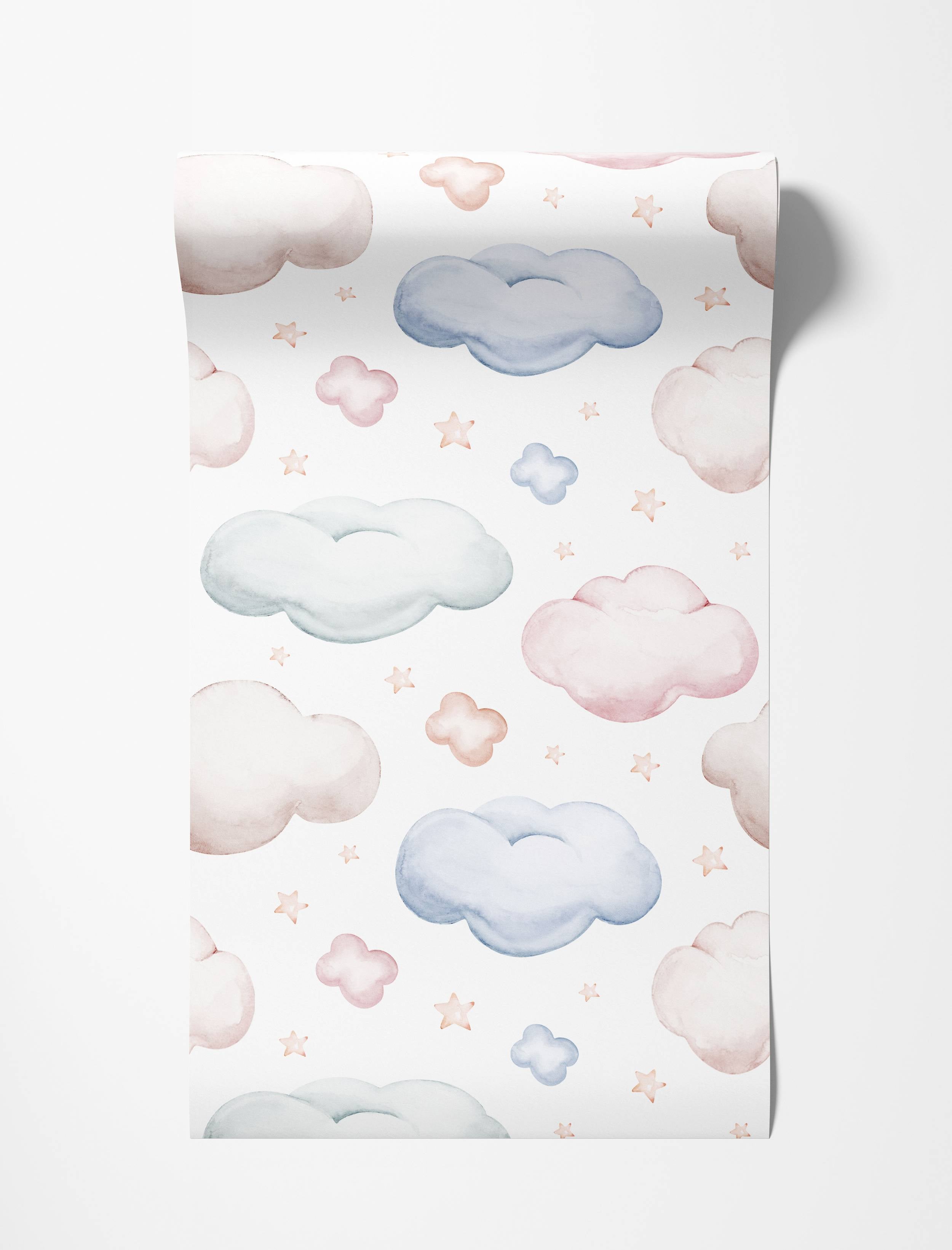 Watercolor wallpaper featuring a pattern of soft pastel blue, pink, and beige clouds and tiny stars on a white background.