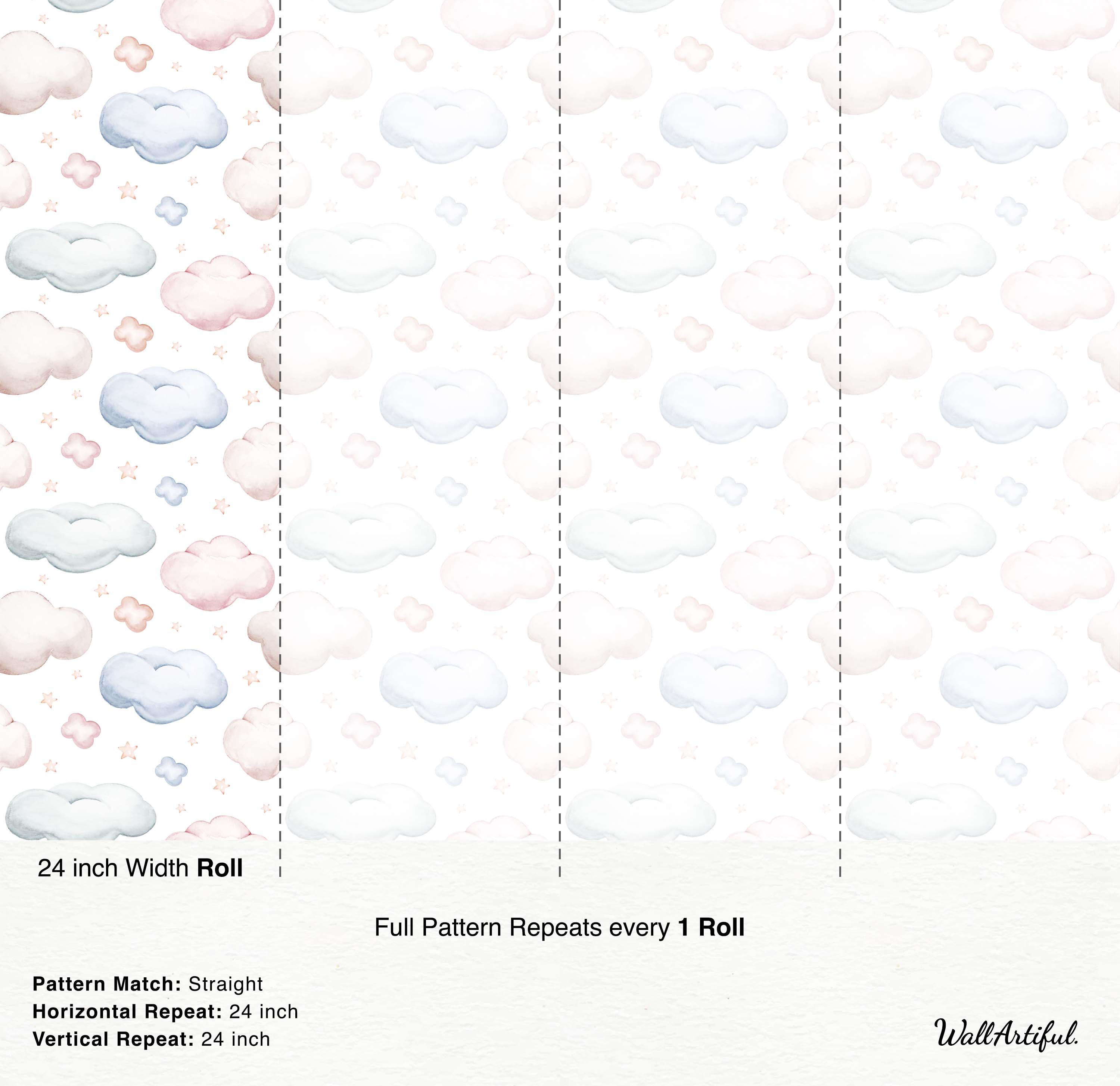 Pastel watercolor wallpaper featuring fluffy pink, blue, and light orange clouds and stars scattered on a white background.