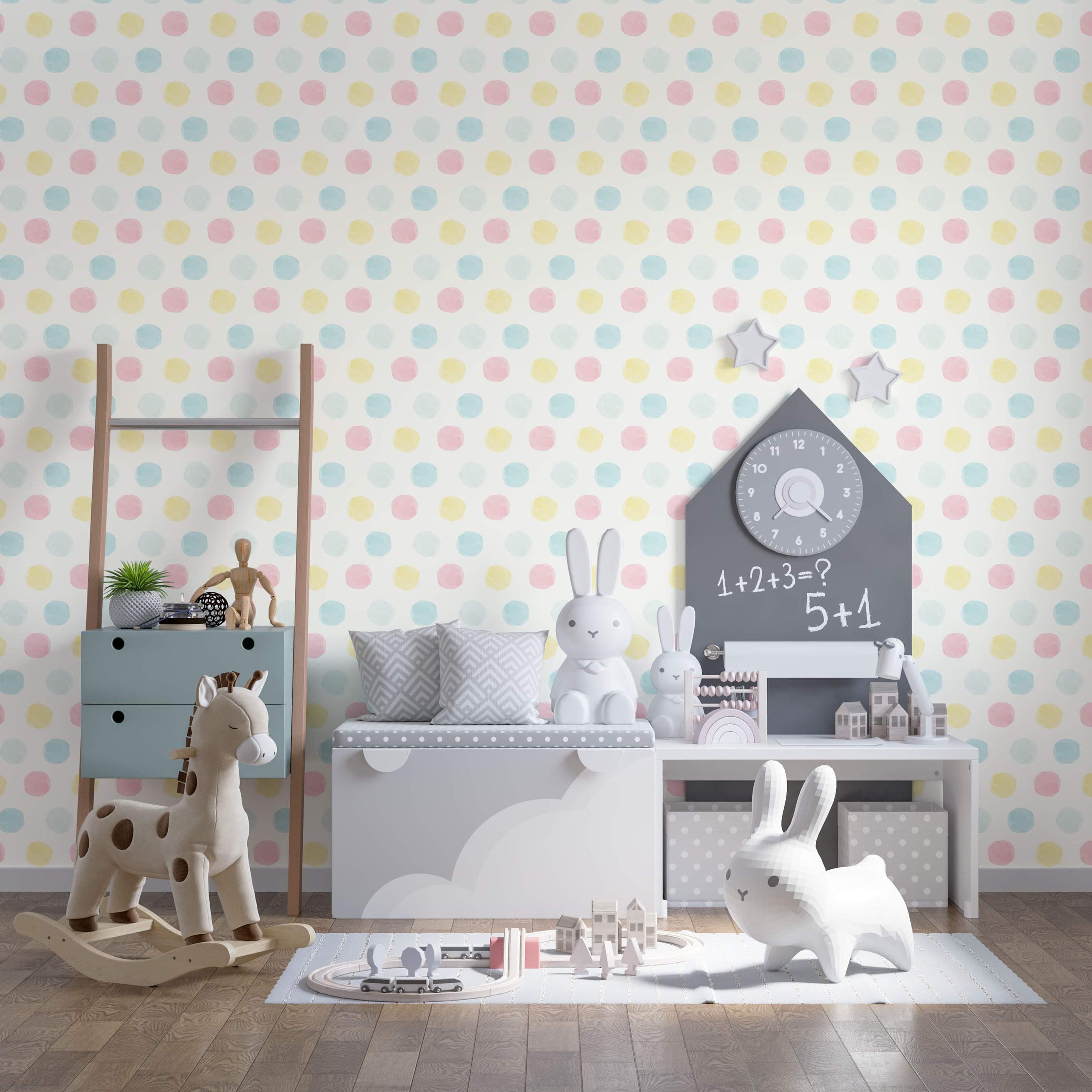 Wallpaper features a repeating pattern of watercolor polka dots in pastel pink, light blue, and yellow on a white background.