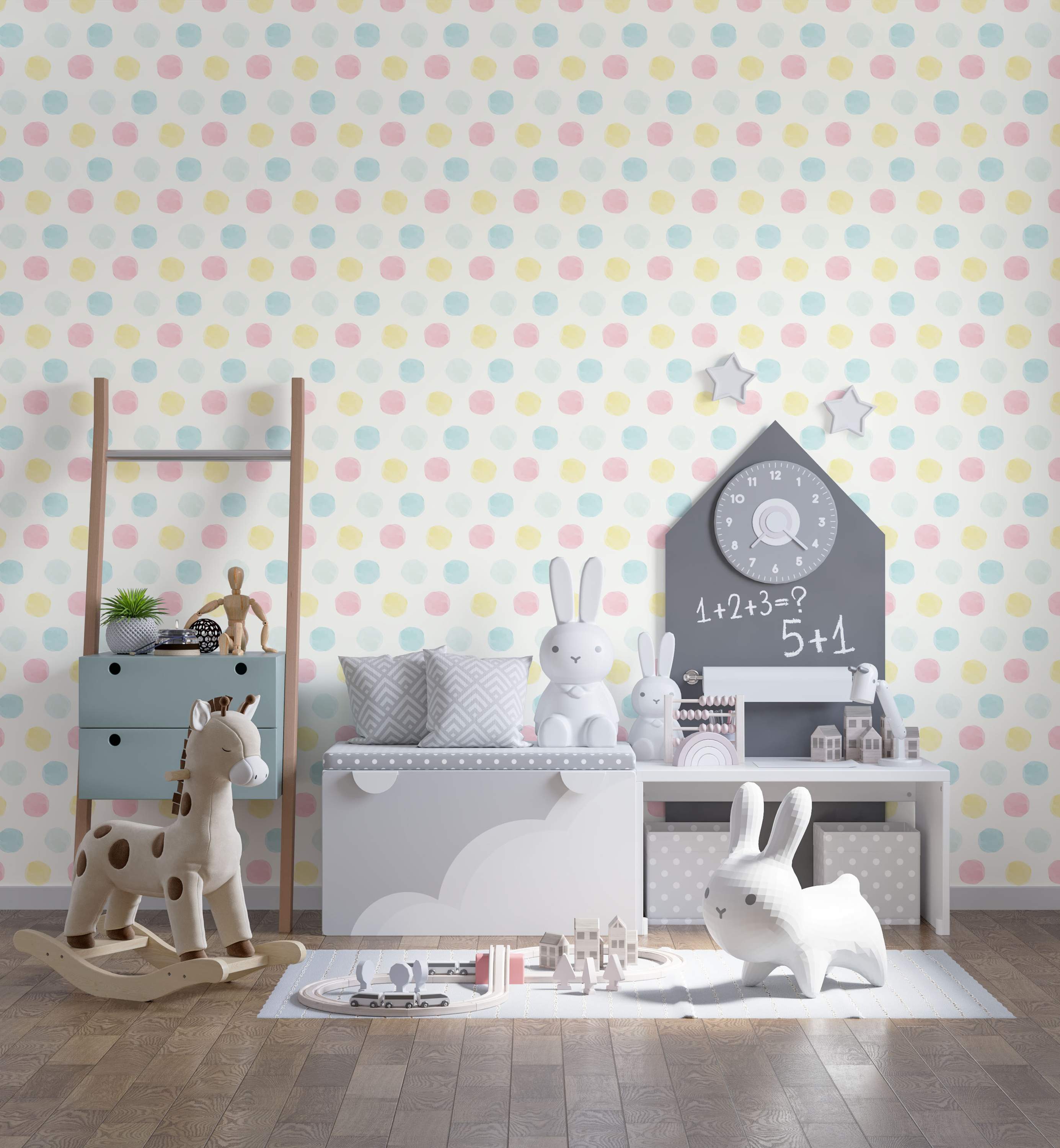 Wallpaper features a repeating pattern of watercolor polka dots in pastel pink, light blue, and yellow on a white background.