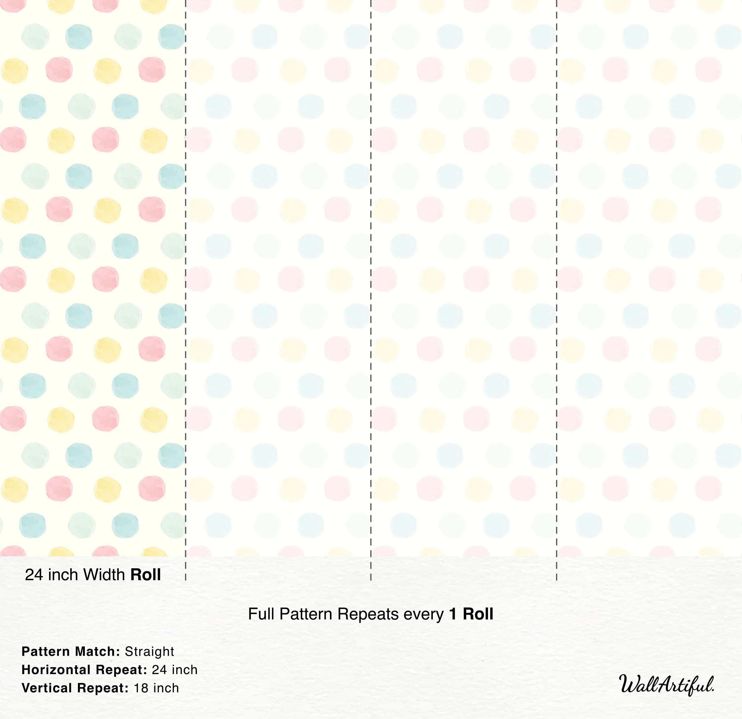 Cream wallpaper with a repeating pattern of soft pink, yellow, and blue watercolor-style polka dots.