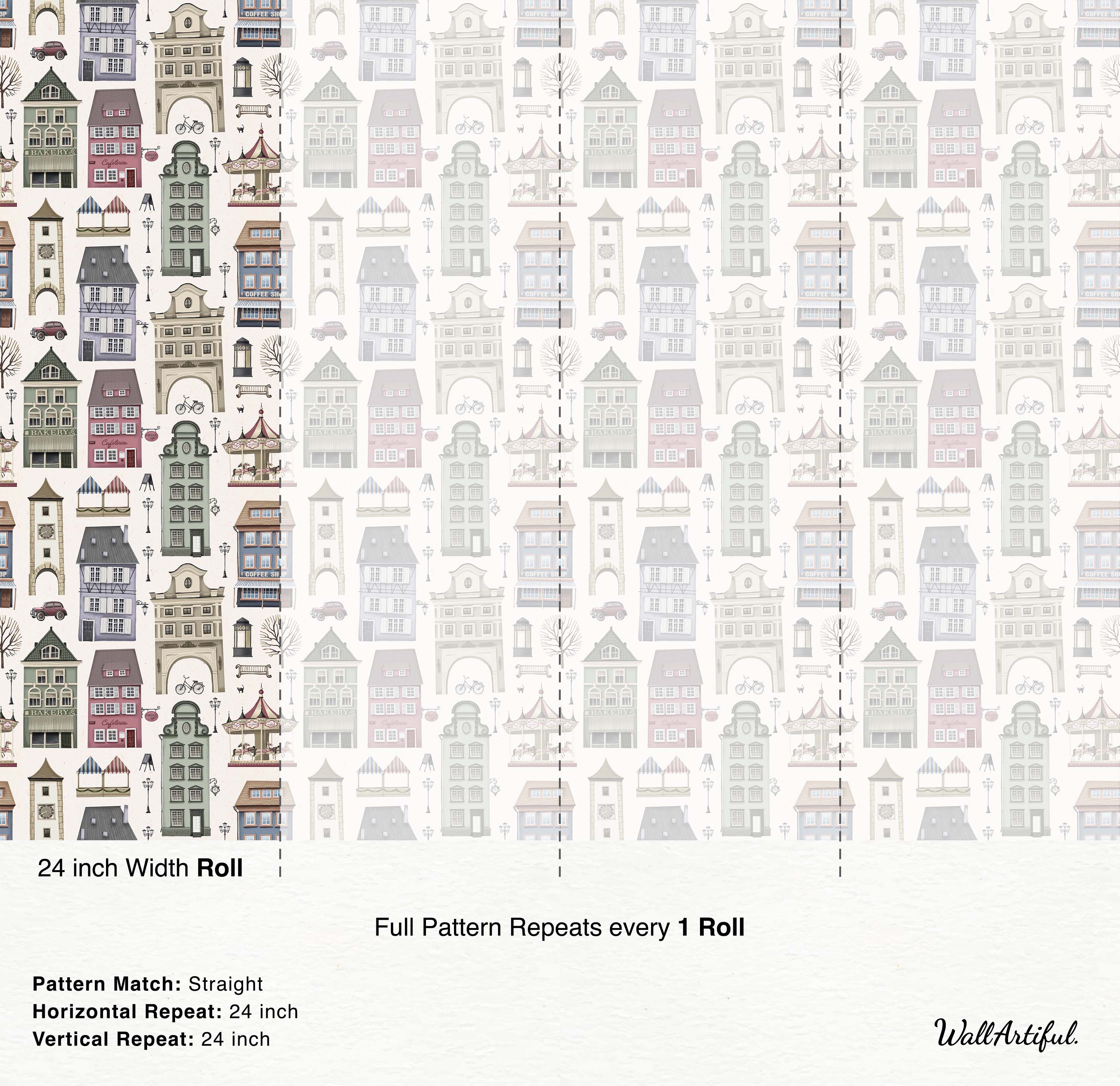 Wallpaper with a charming, repeating pastel streetscape illustration, featuring vintage buildings, a carousel, and classic cars.