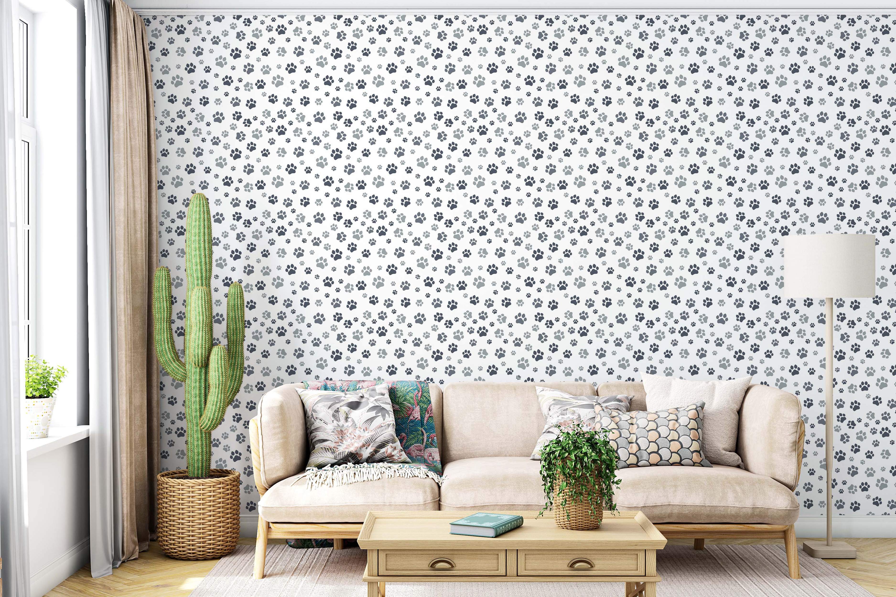 Black and grey paw print pattern wallpaper