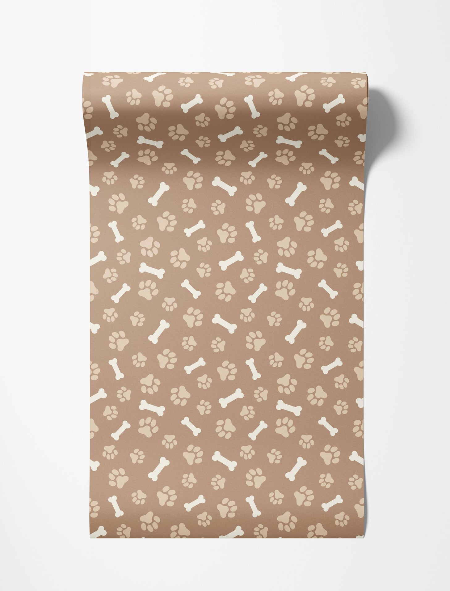 Wallpaper with a repeating pattern of beige paw prints and cream bones on a brown background.