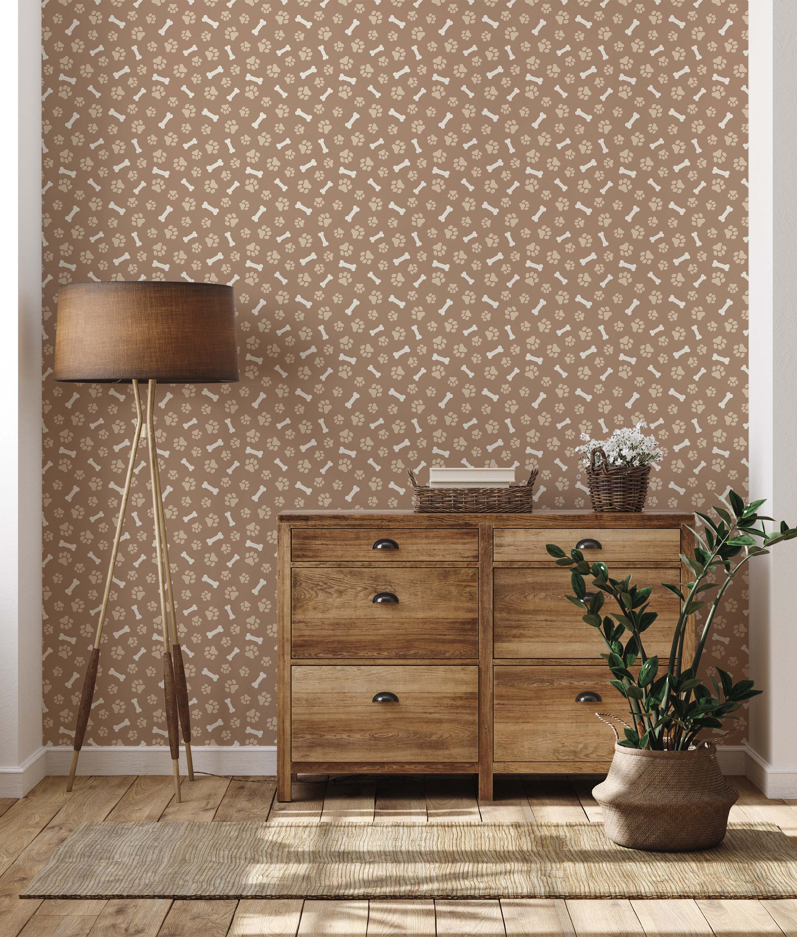 Brown wallpaper with a repeating pattern of beige dog paw prints and bones.