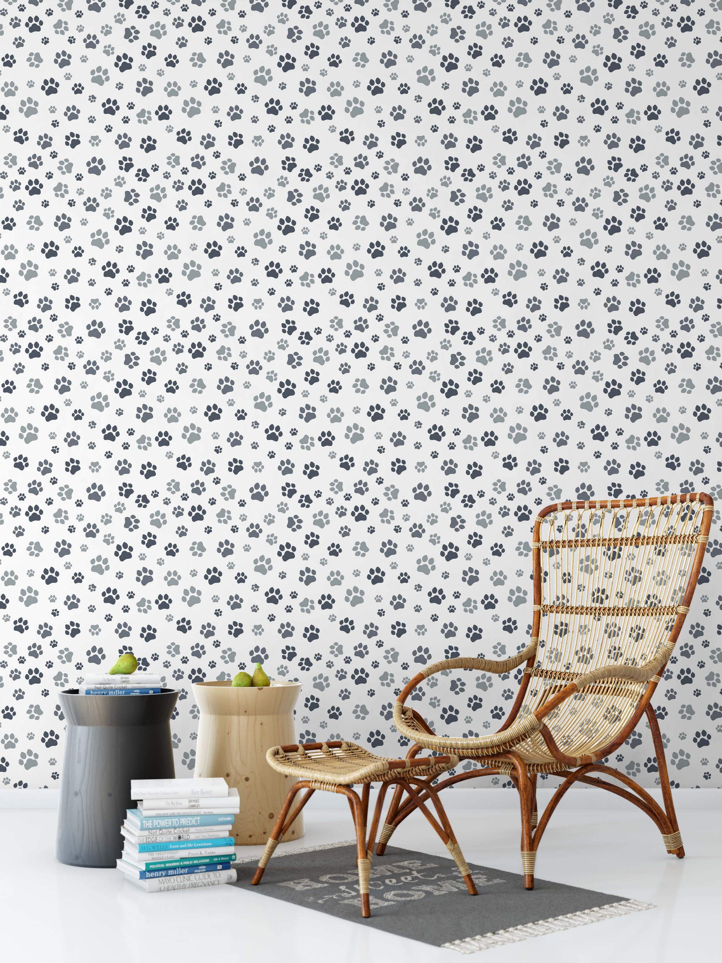 Gray and black paw print wallpaper in a repeating pattern