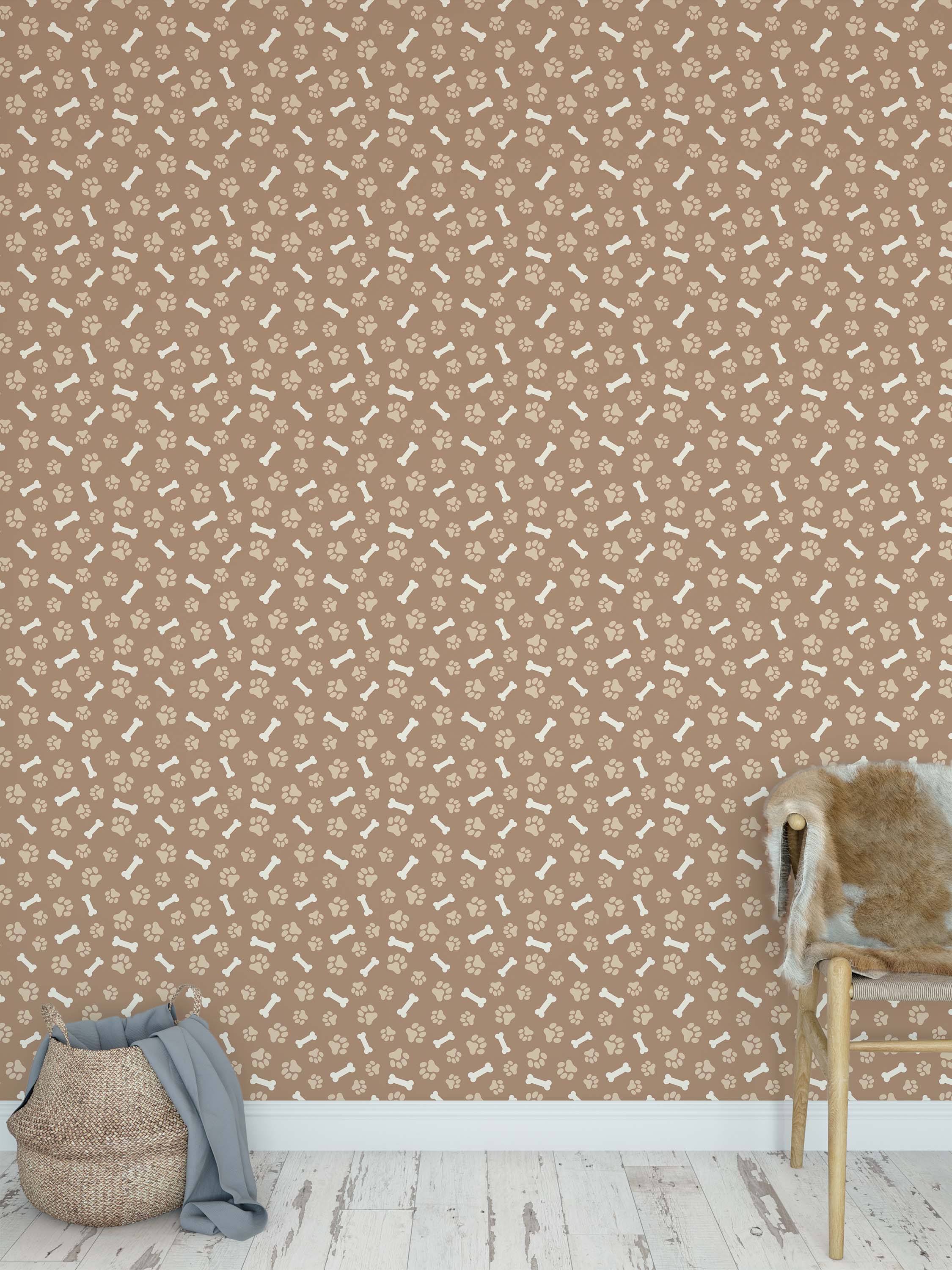 Wallpaper featuring a repeating pattern of tan and white paw prints and bones scattered across a brown background.