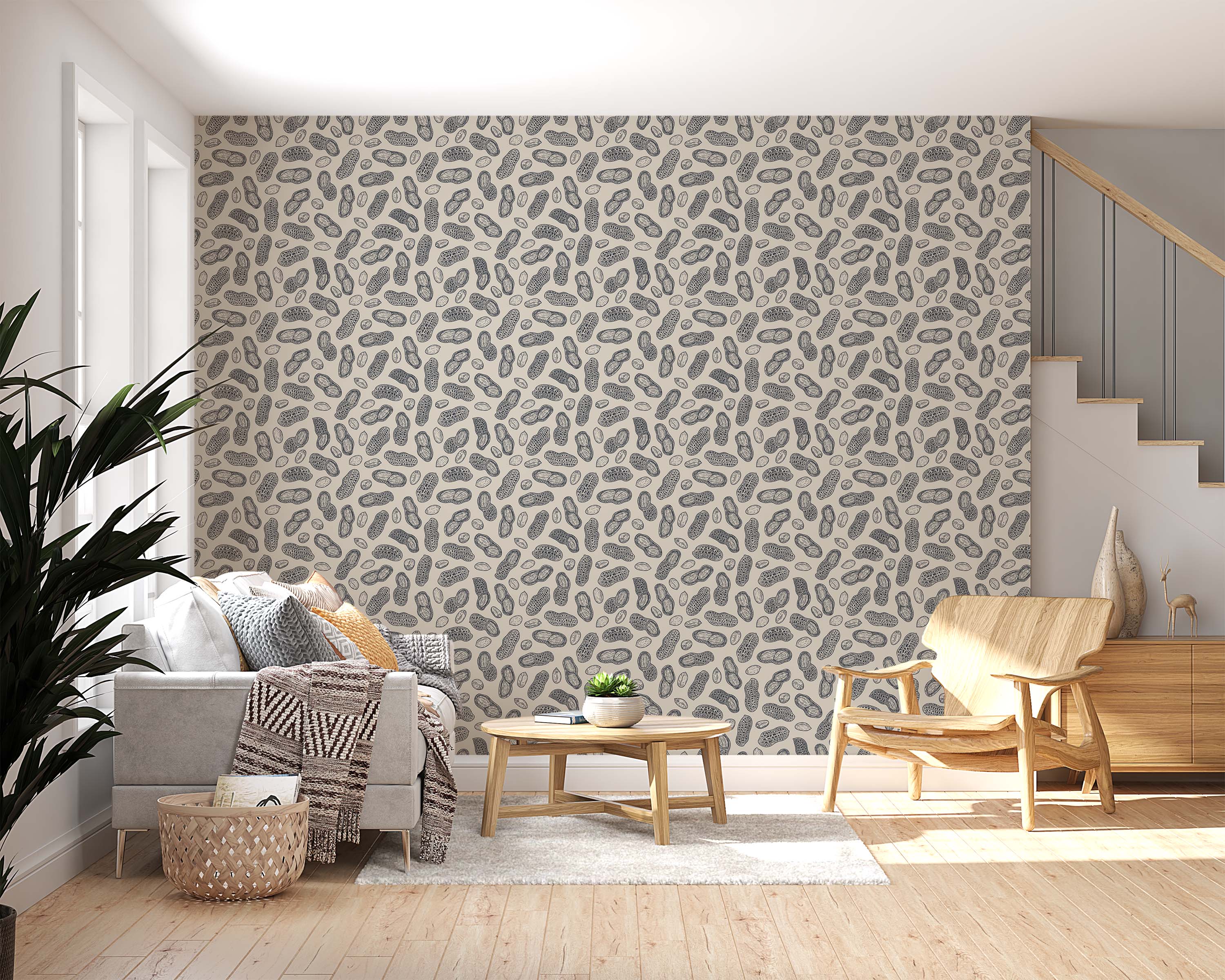 Wallpaper featuring a repeating pattern of sketched peanuts in dark gray on a light beige background.