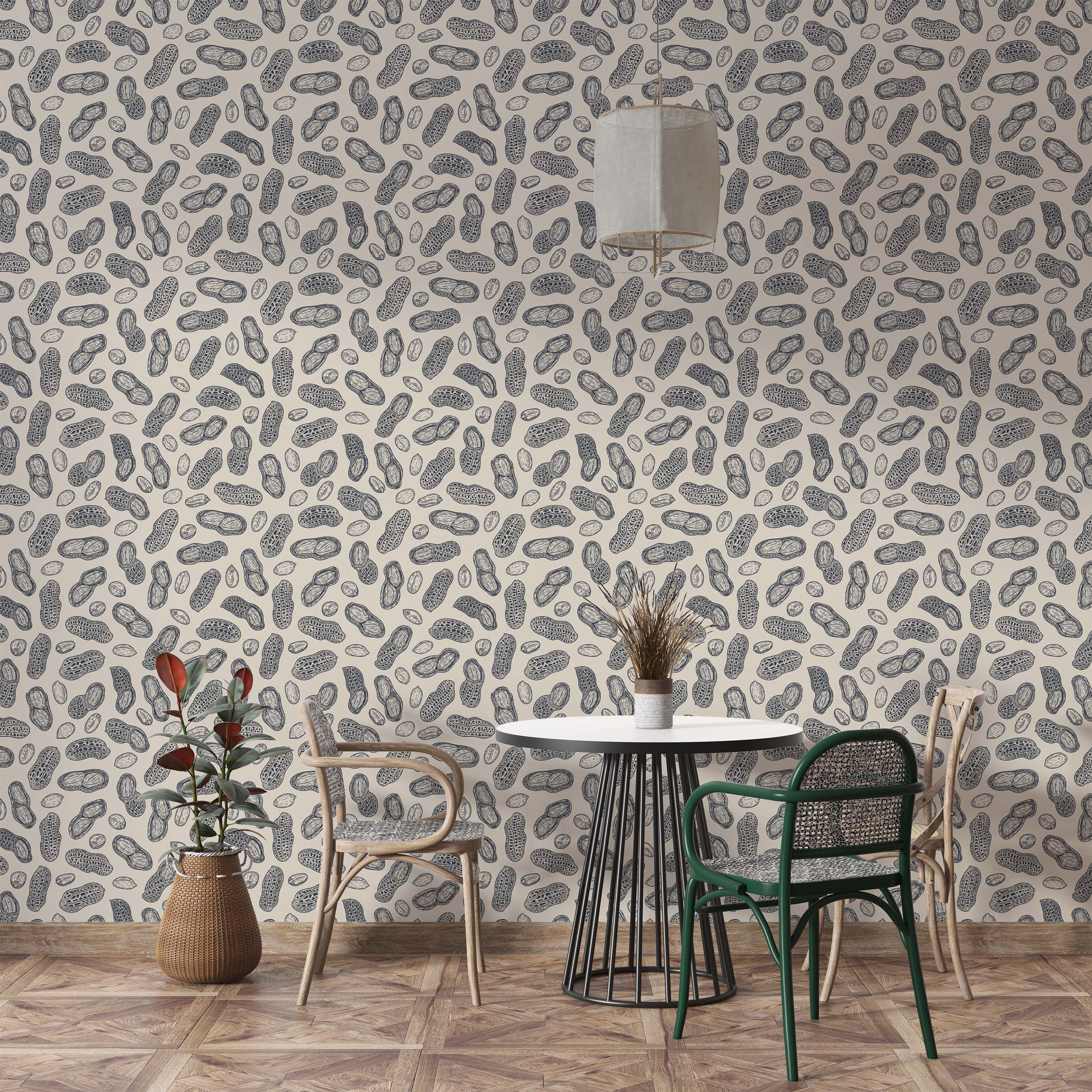 Wallpaper with a repeating sketch-style design of peanuts in dark grey on a light beige background.