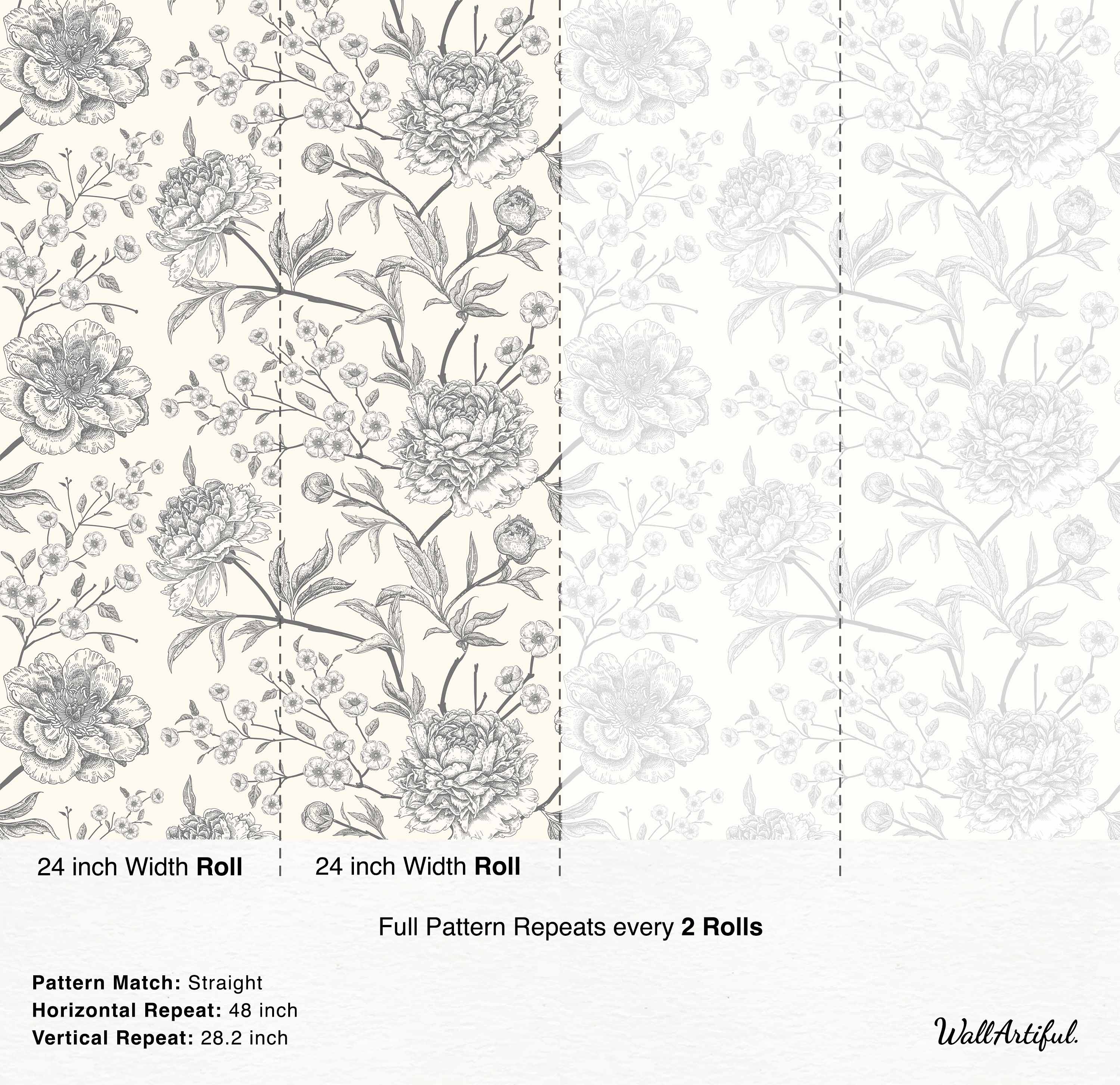 Vintage sketch-style floral wallpaper with gray peonies and blossoms on an off-white background.