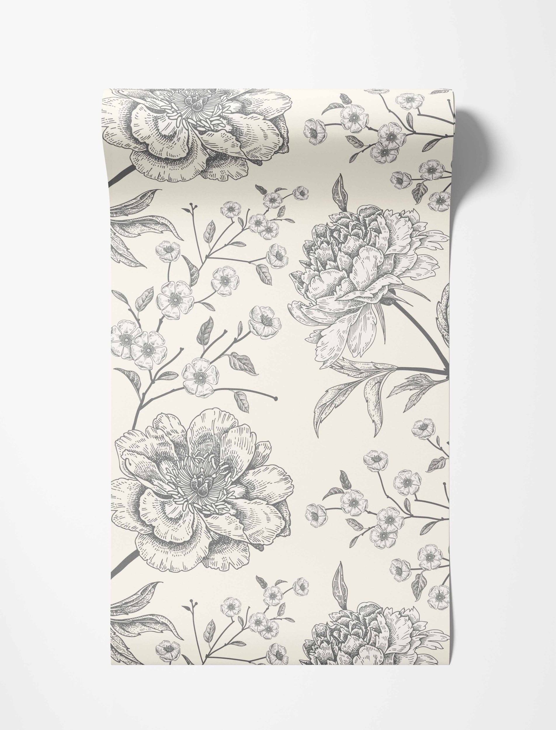 Vintage sketch-style wallpaper featuring detailed gray peony blooms and smaller blossoms on delicate branches on a cream background.