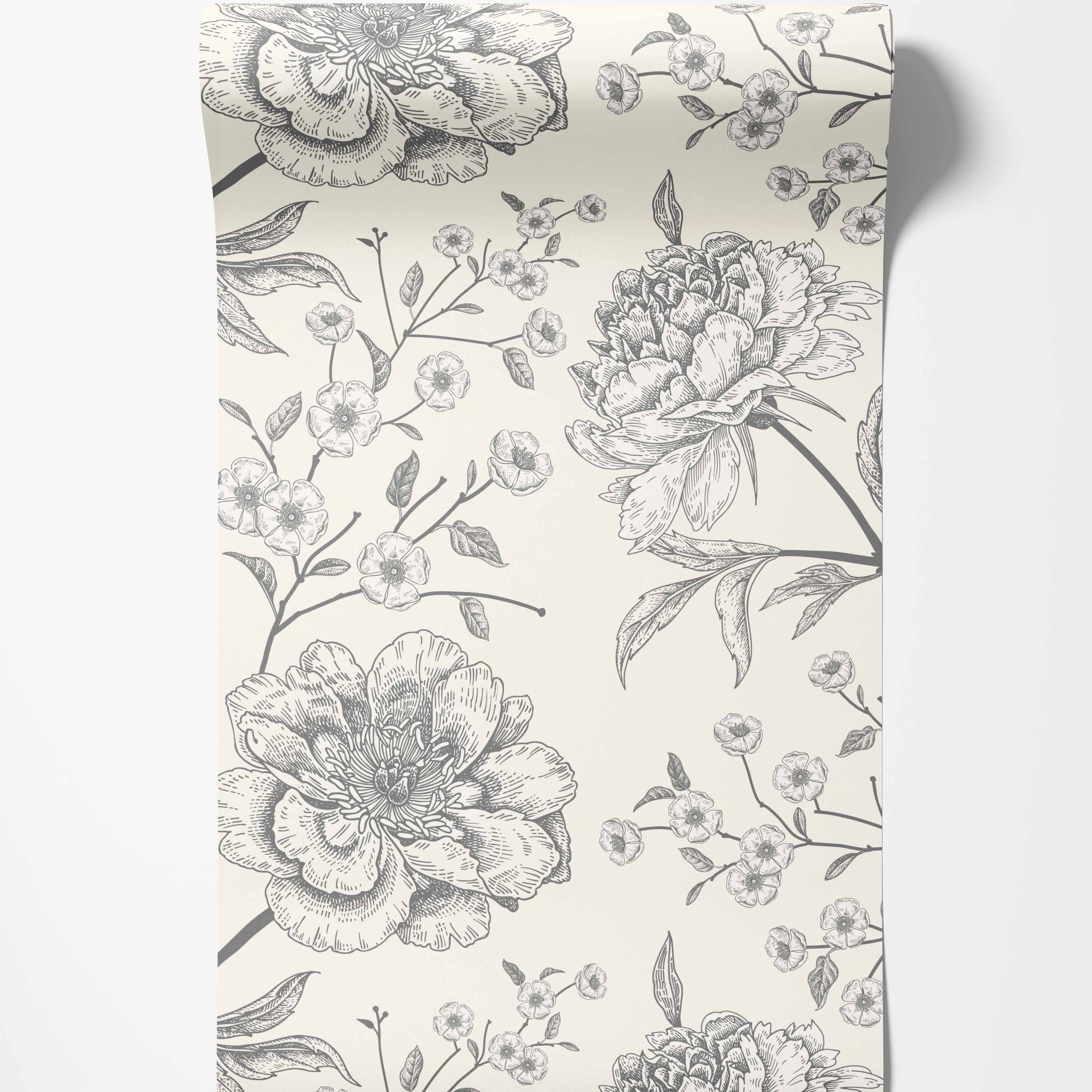 Vintage sketch-style wallpaper featuring detailed gray peony blooms and smaller blossoms on delicate branches on a cream background.