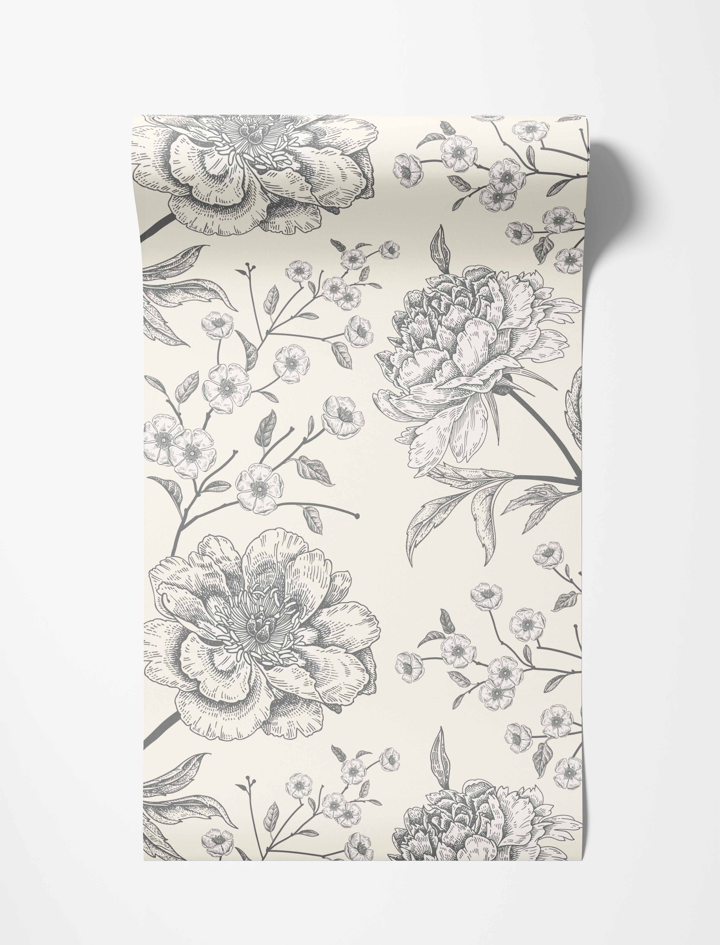 Vintage sketch-style wallpaper featuring detailed gray peony blooms and smaller blossoms on delicate branches on a cream background.