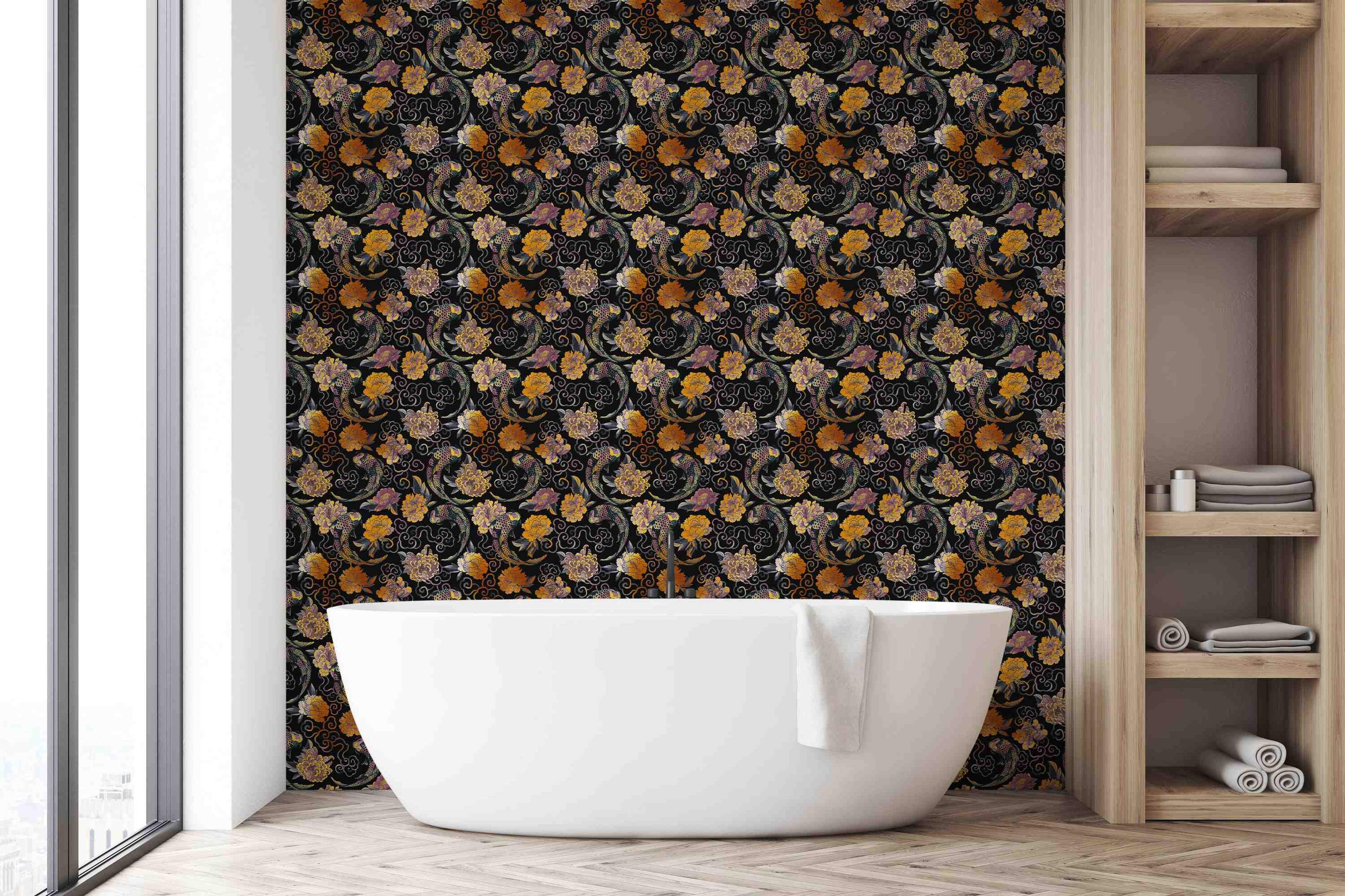 Chinoiserie wallpaper with gold, yellow, and purple peonies and dragons swirling on a black background.