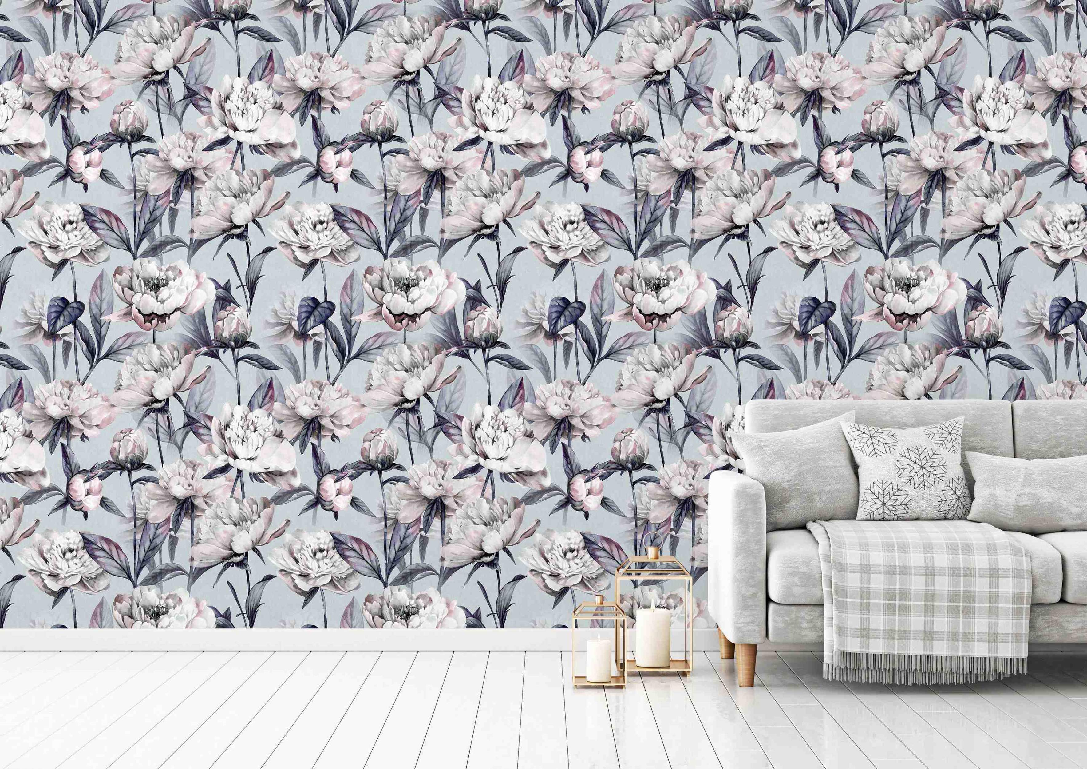 Watercolor style wallpaper featuring large white and pale pink peonies with dark leaves scattered across a pale blue background.