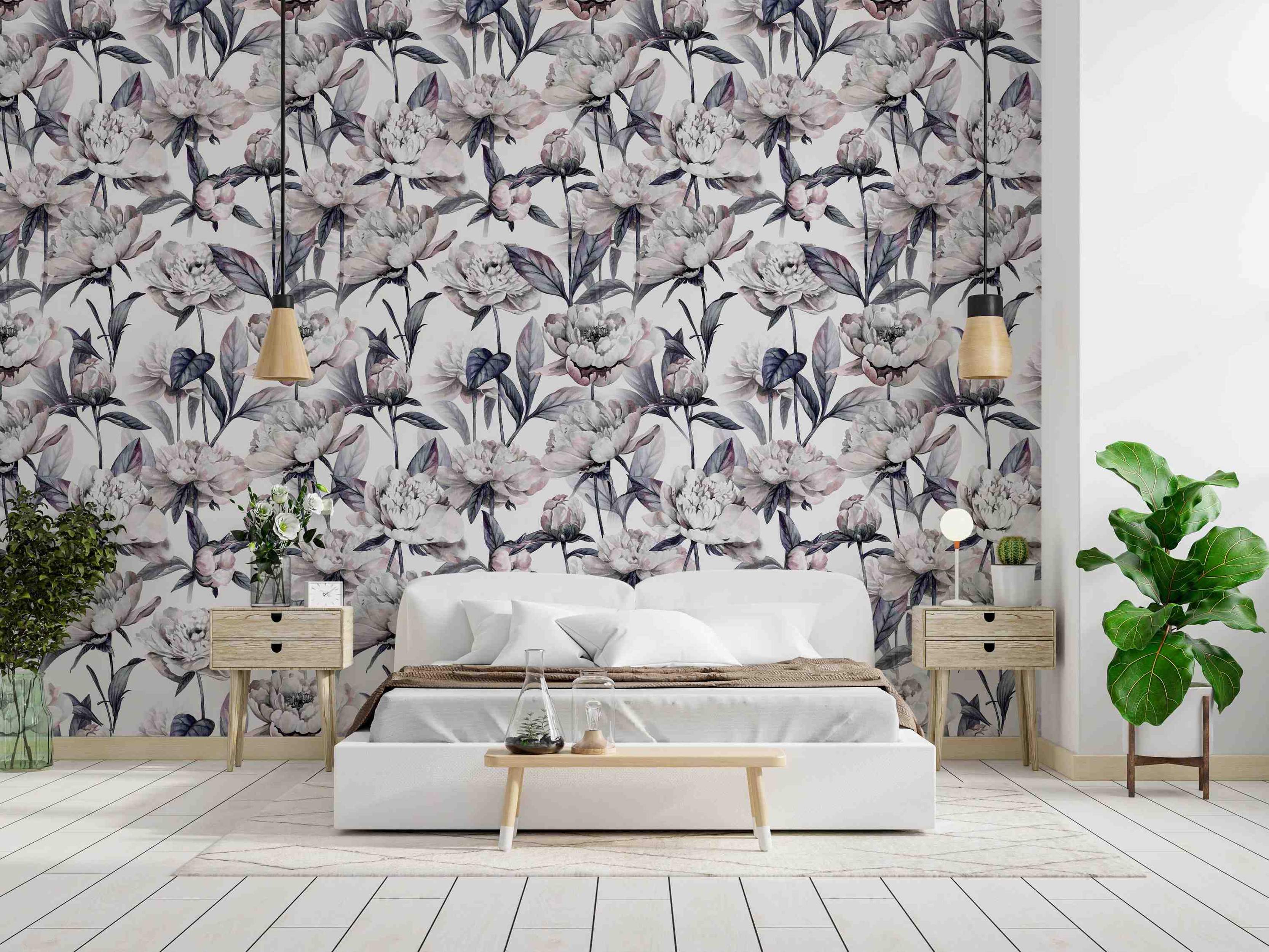 Wallpaper featuring large, watercolor-style peony flowers and leaves in muted pink, off-white, and dark greyish-purple.